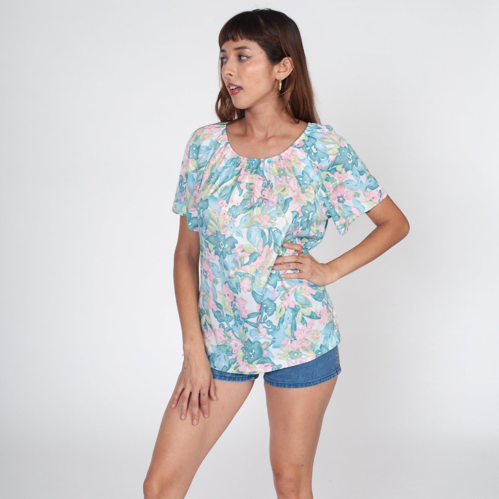 70s Floral Peasant Blouse Raglan Sleeve Elastic Neckline Small Medium