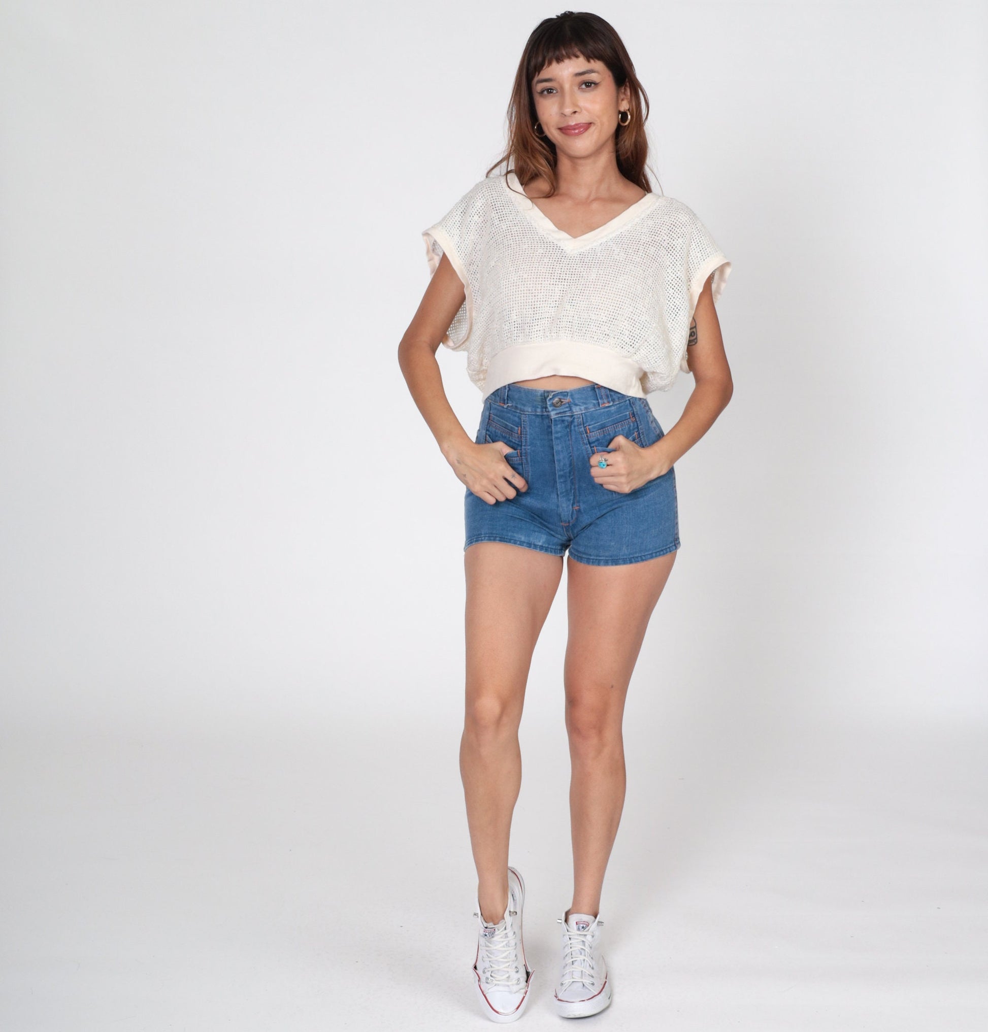 80s Campus Casuals Sheer Mesh Blouse Off-White Deep V-Neck Cap Sleeve Large