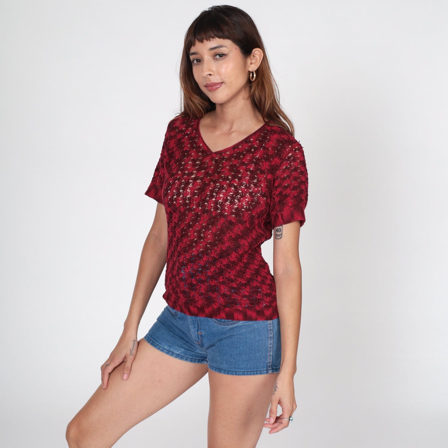 80s Red Crochet V-Neck Blouse Short Sleeve Sheer Knit Top Small S