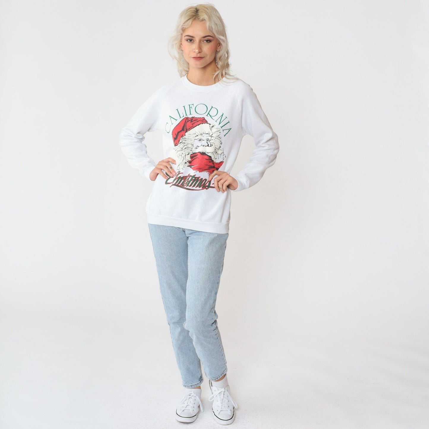 80s California Christmas Santa Sweatshirt White Raglan Puff Paint Small