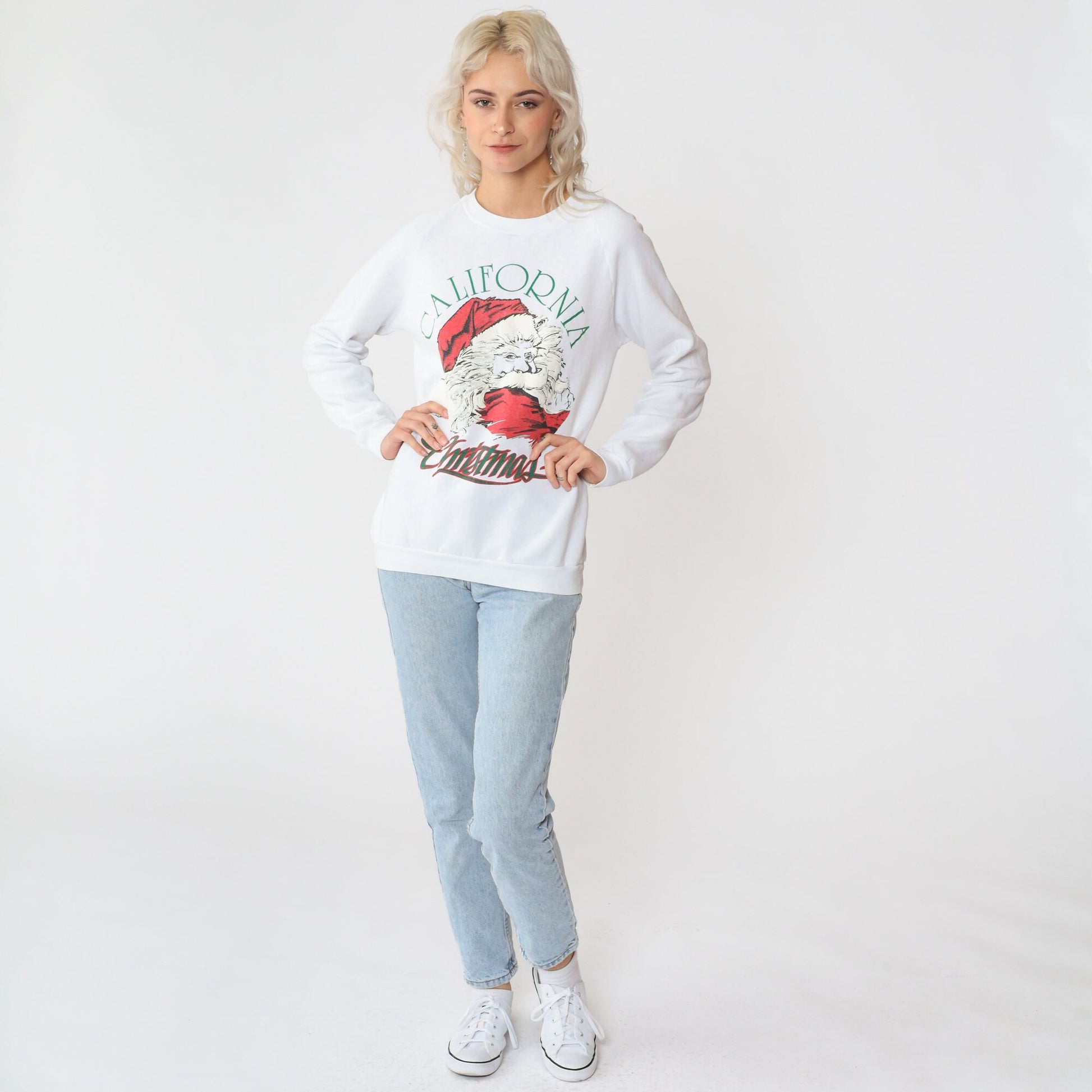 80s California Christmas Santa Sweatshirt White Raglan Puff Paint Small