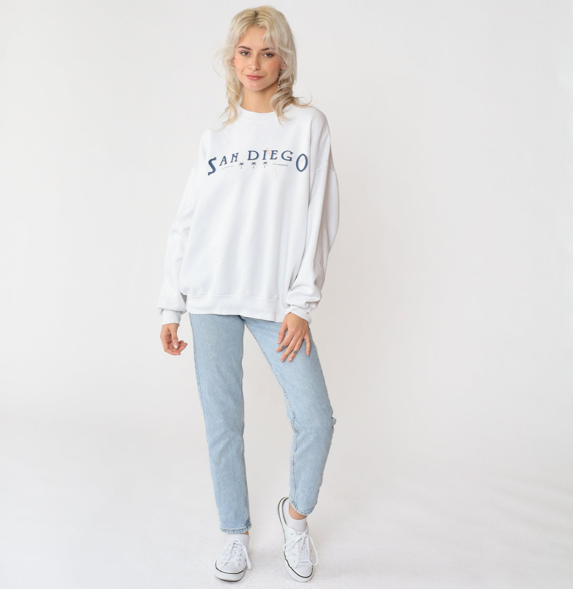 90s San Diego Palm Tree Sweatshirt White Graphic Crewneck Paint Splatter Large