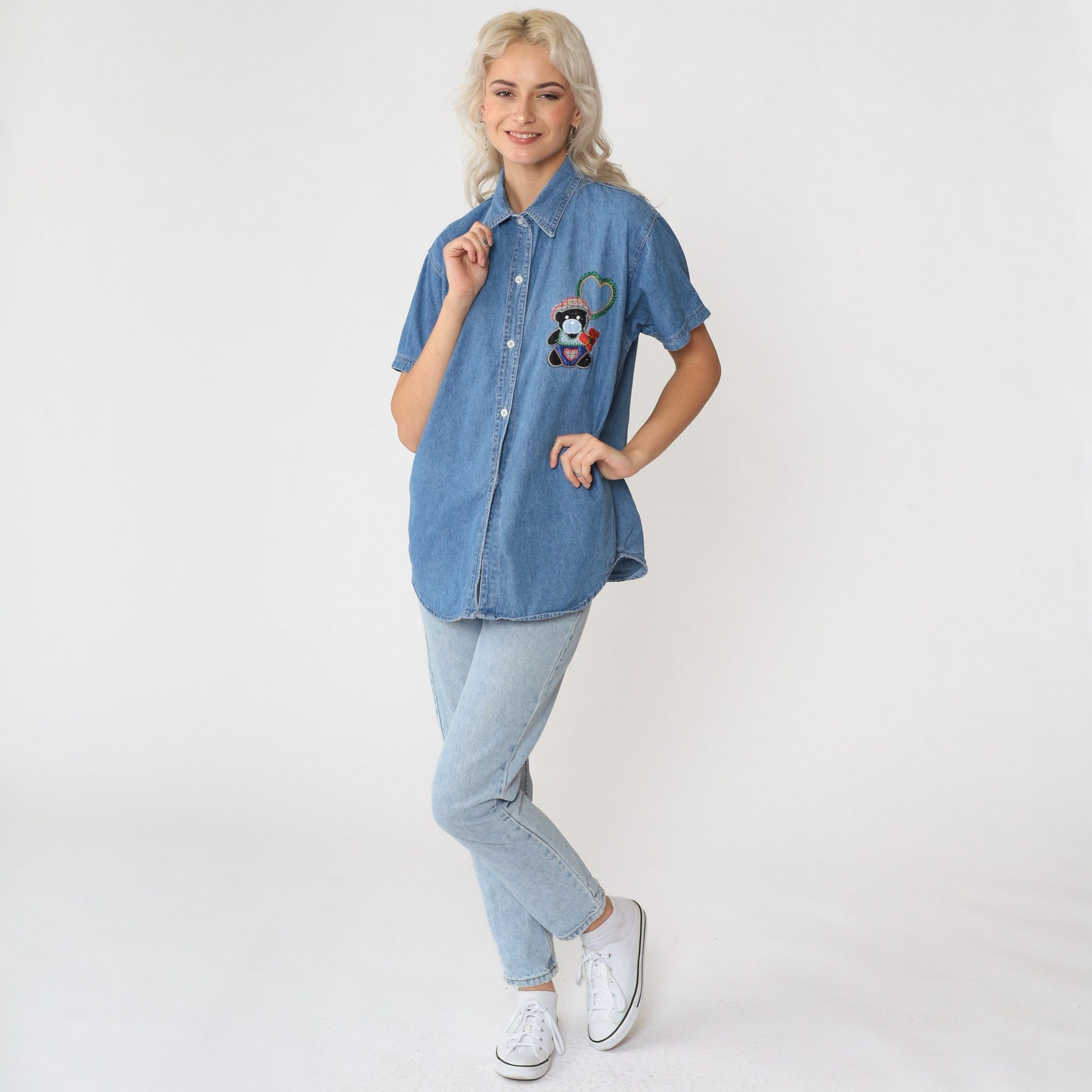 90s Cactus Clothing Denim Button Down Teddy Bear Heart Embroidered Shirt Medium