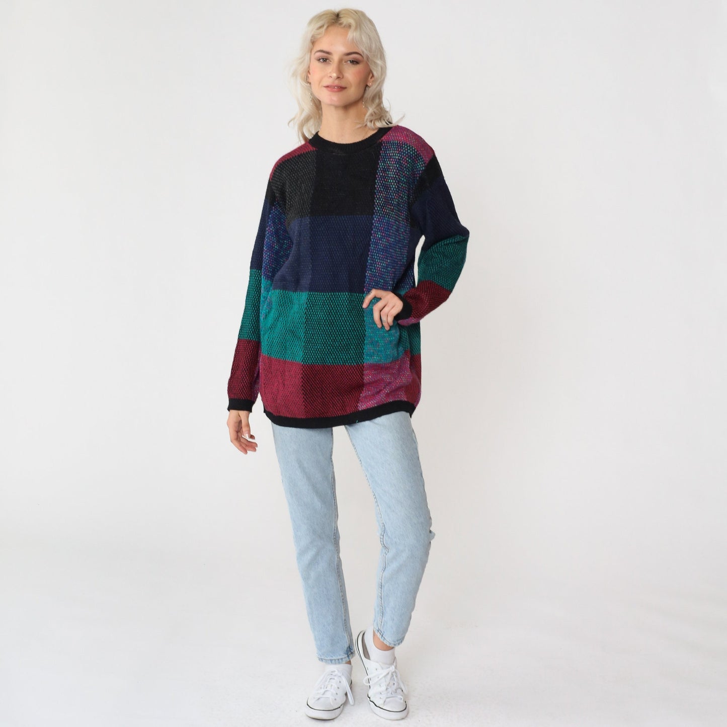 90s Alfred Dunner Color Block Crewneck Sweater Black Green Blue Small