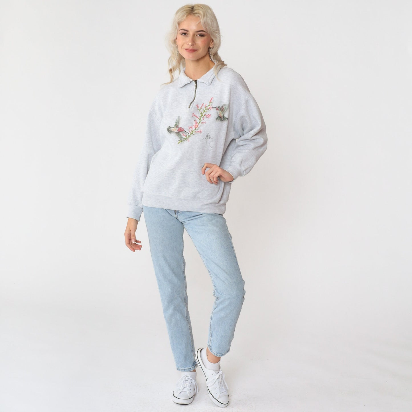 90s Hummingbird Floral Quarter Zip Sweatshirt Heather Grey Jerzees Medium
