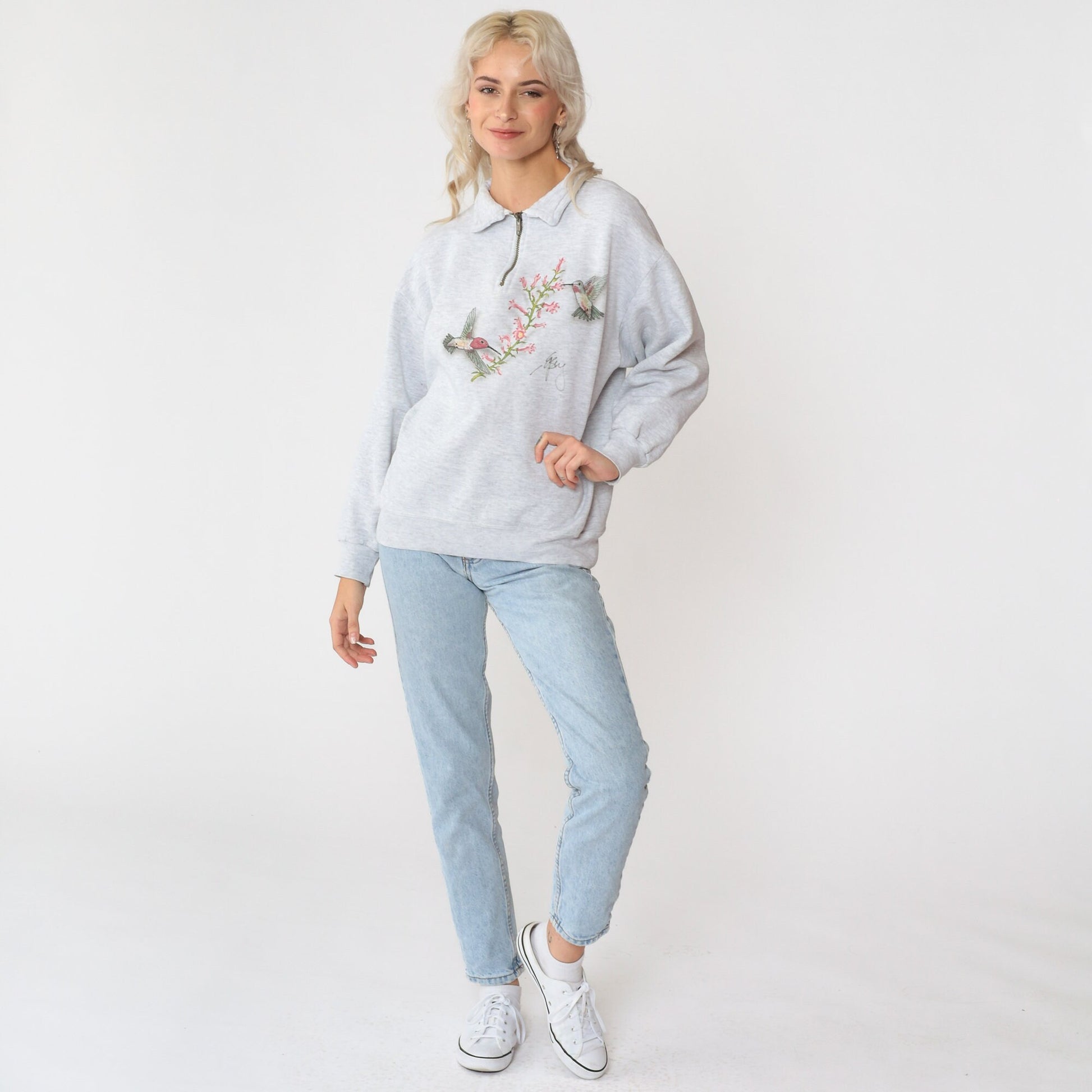 90s Hummingbird Floral Quarter Zip Sweatshirt Heather Grey Jerzees Medium