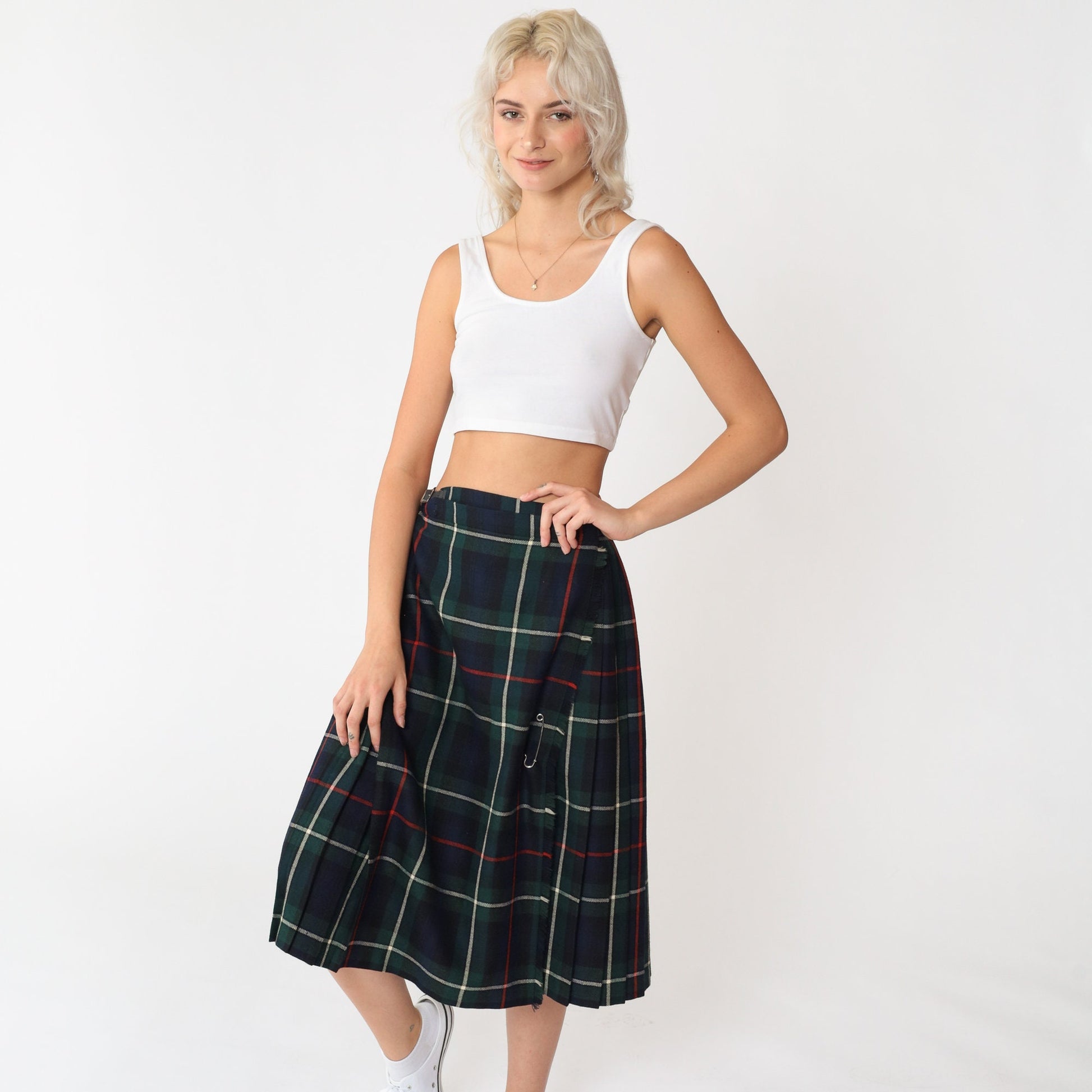 80s Navy Plaid Wool Midi Skirt High Waist Pleated Kilt Medium