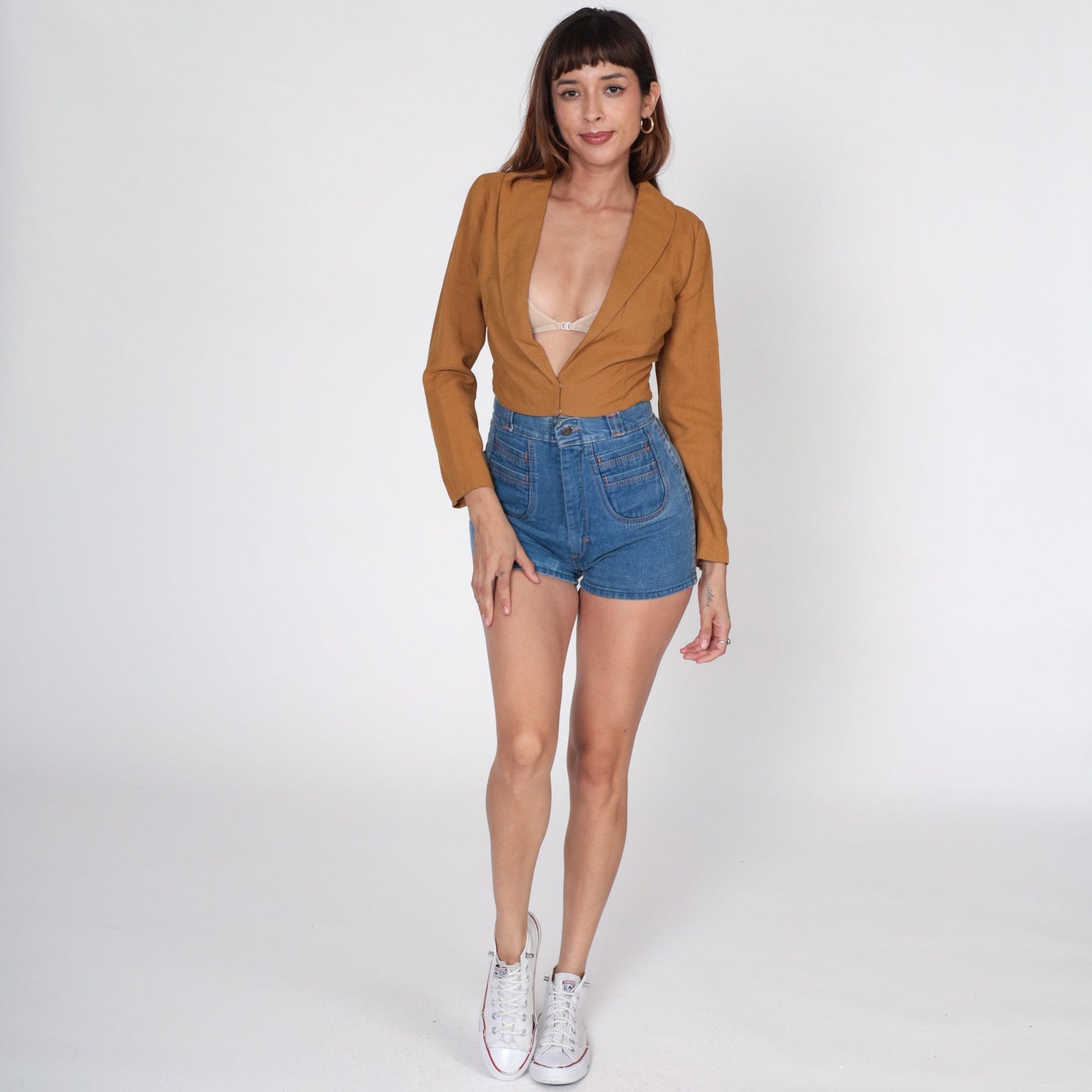 60s Vogue Brown Cropped Blazer Deep V Neckline Tailored Jacket Extra Small