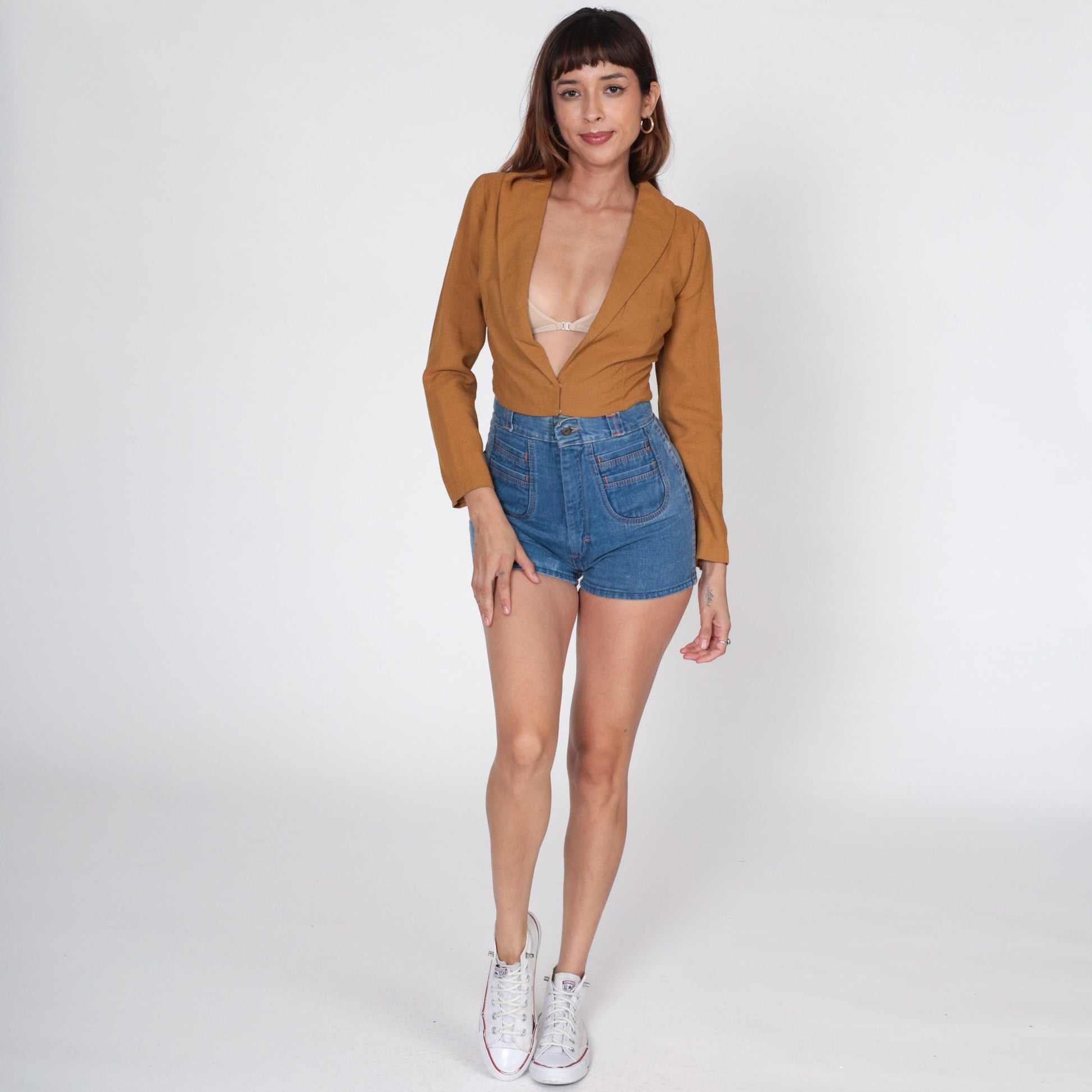 60s Vogue Brown Cropped Blazer Deep V Neckline Tailored Jacket Extra Small