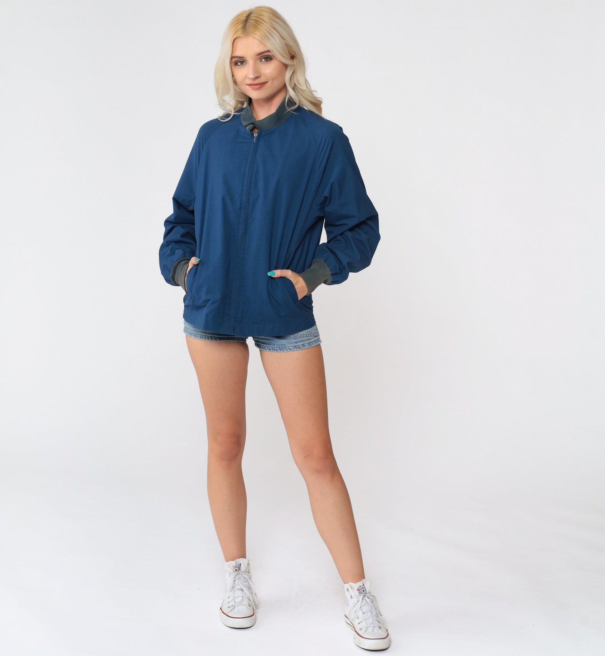 80s Dark Blue Windbreaker Jacket Grey Knit Cuffs Cotton Blend Small Medium
