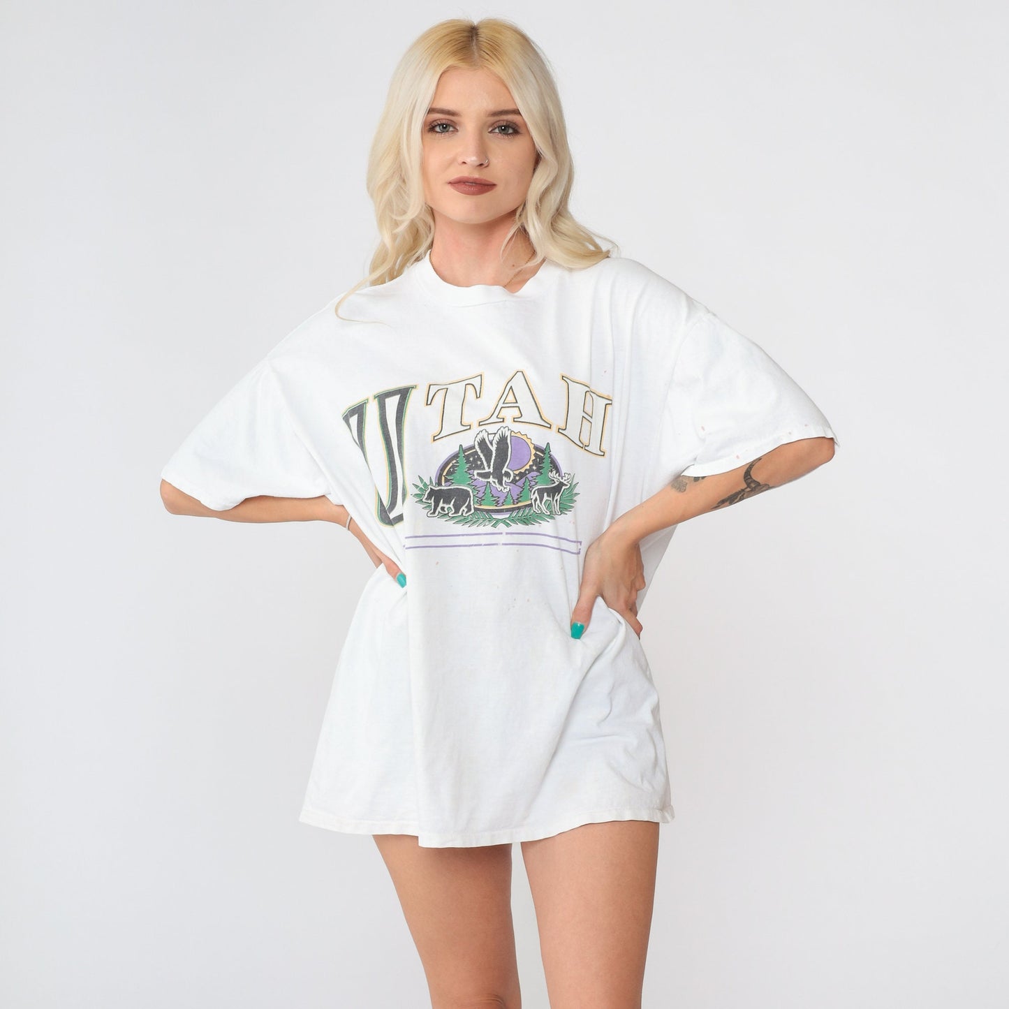 90s Utah Paint Splatter Graphic Tee Eagle Bear Deer Single Stitch White Extra Large XXL