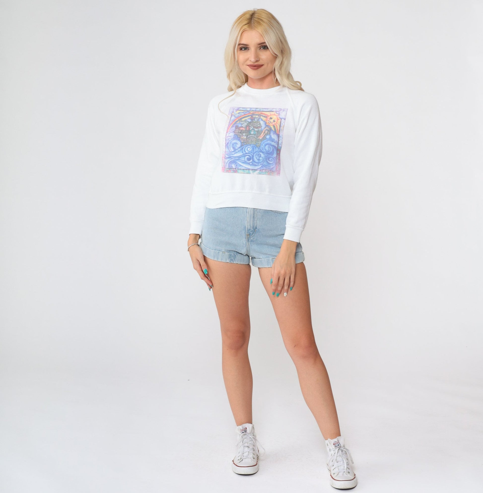 90s Noah's Ark Sweatshirt Animal Print Rainbow Raglan Graphic XXS