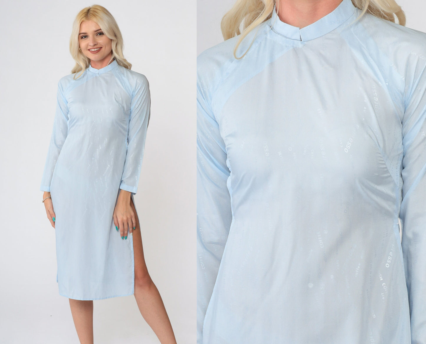 90s Vietnamese Ao Dai Midi Dress Baby Blue Coffee Graphic Mandarin Collar Extra Small