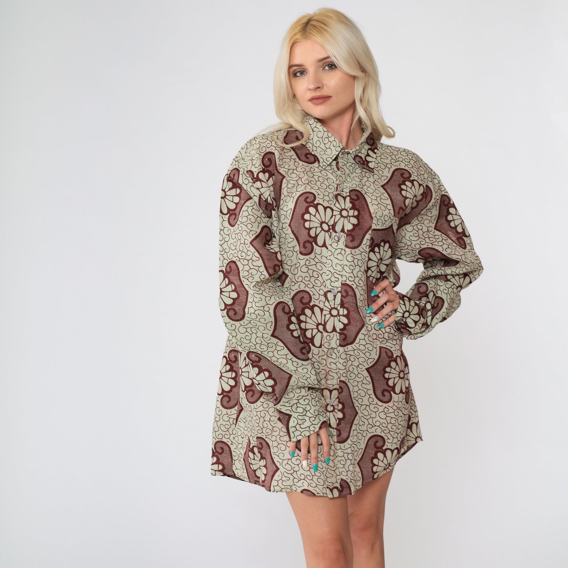 90s Batik Floral Button Up Shirt Dark Red Light Green Long Sleeve Extra Large