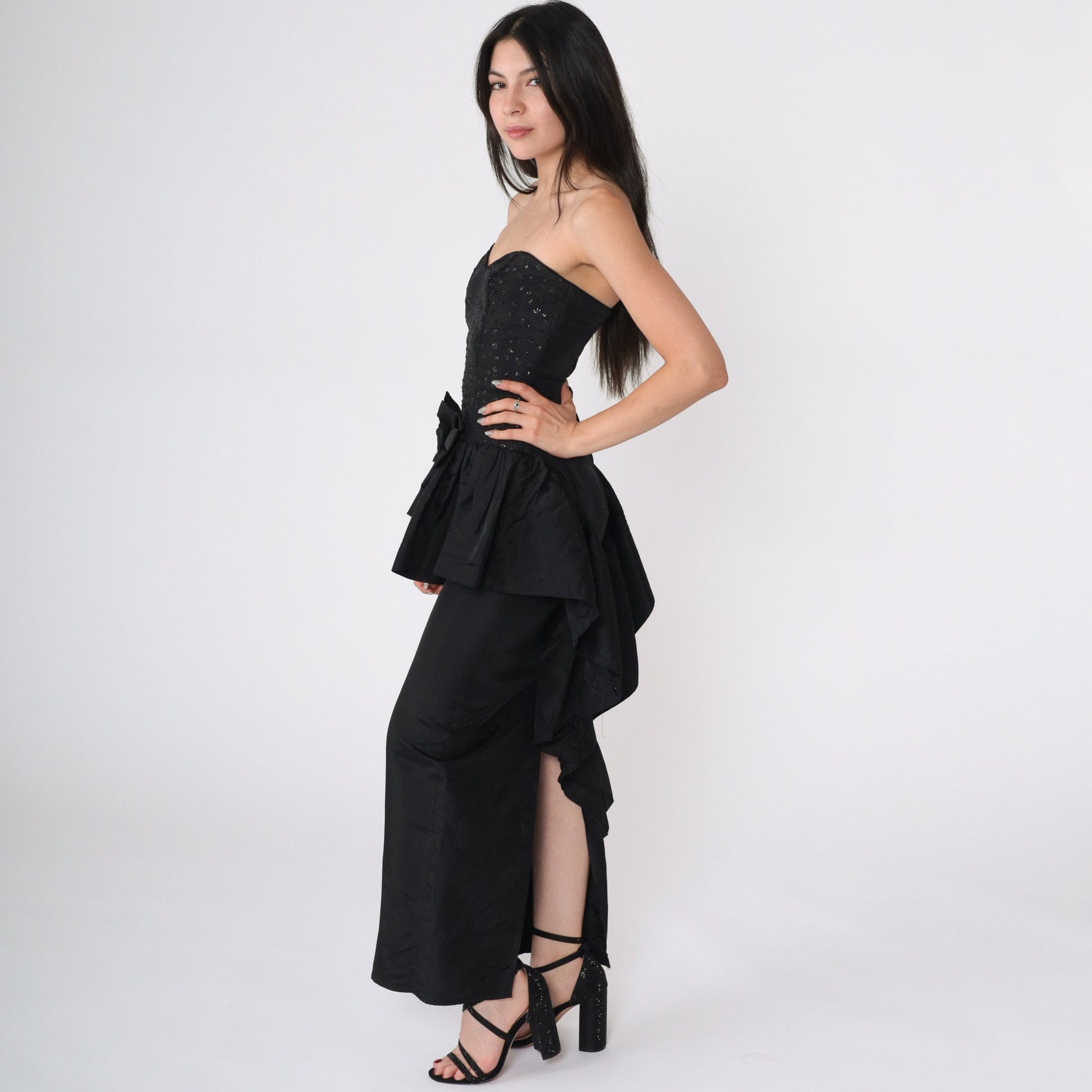 80s Gunne Sax Black Glitter Strapless Maxi Dress Sweetheart Neckline XXS