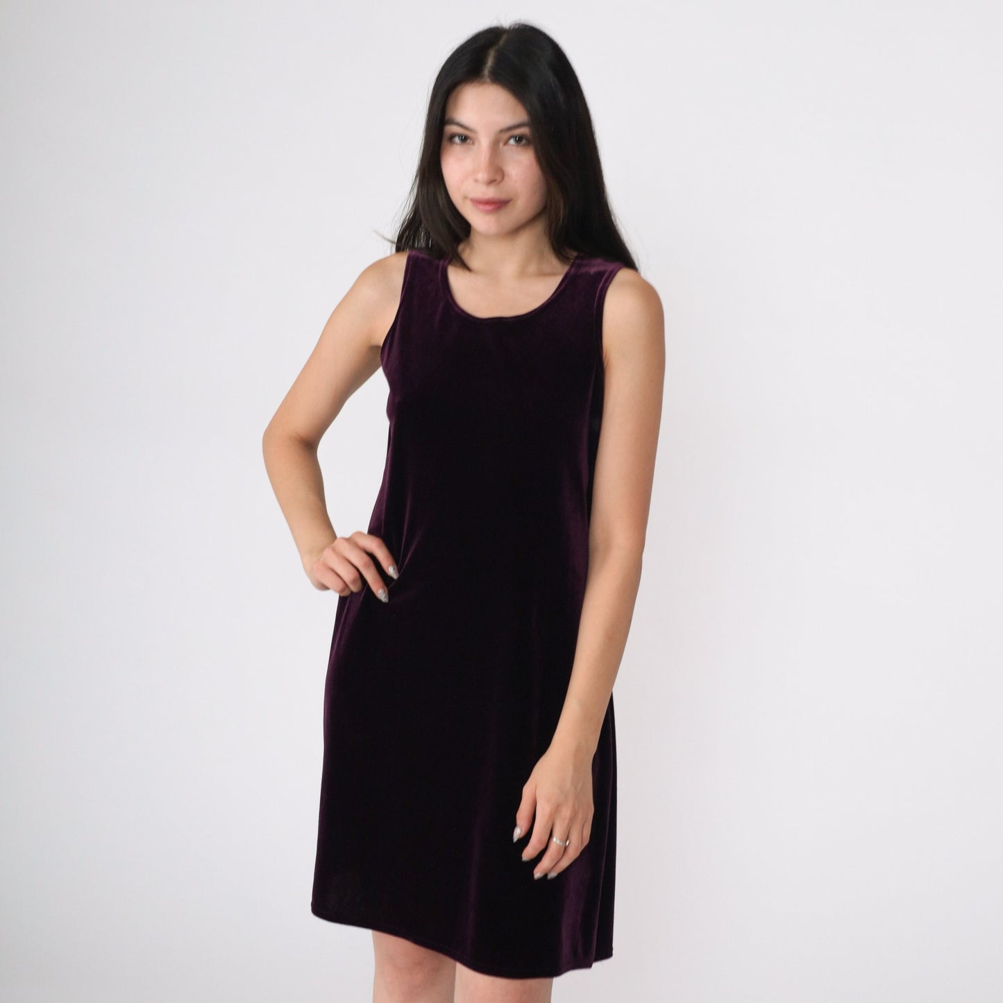 90s Purple Velvet Mini Dress Sleeveless Scoop Neck Shift Small