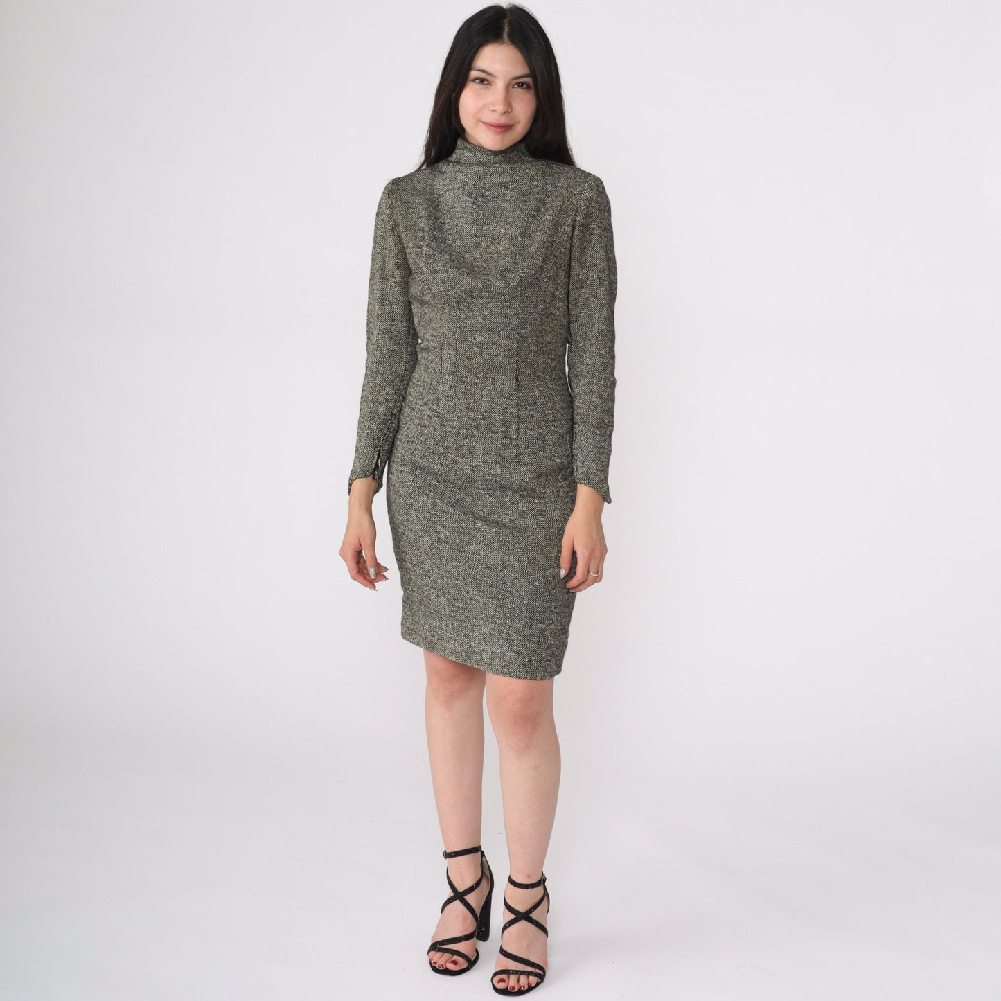 1960s S Eisenberg Wool Dress Black White Flecked Mock Neck Long Sleeve Small
