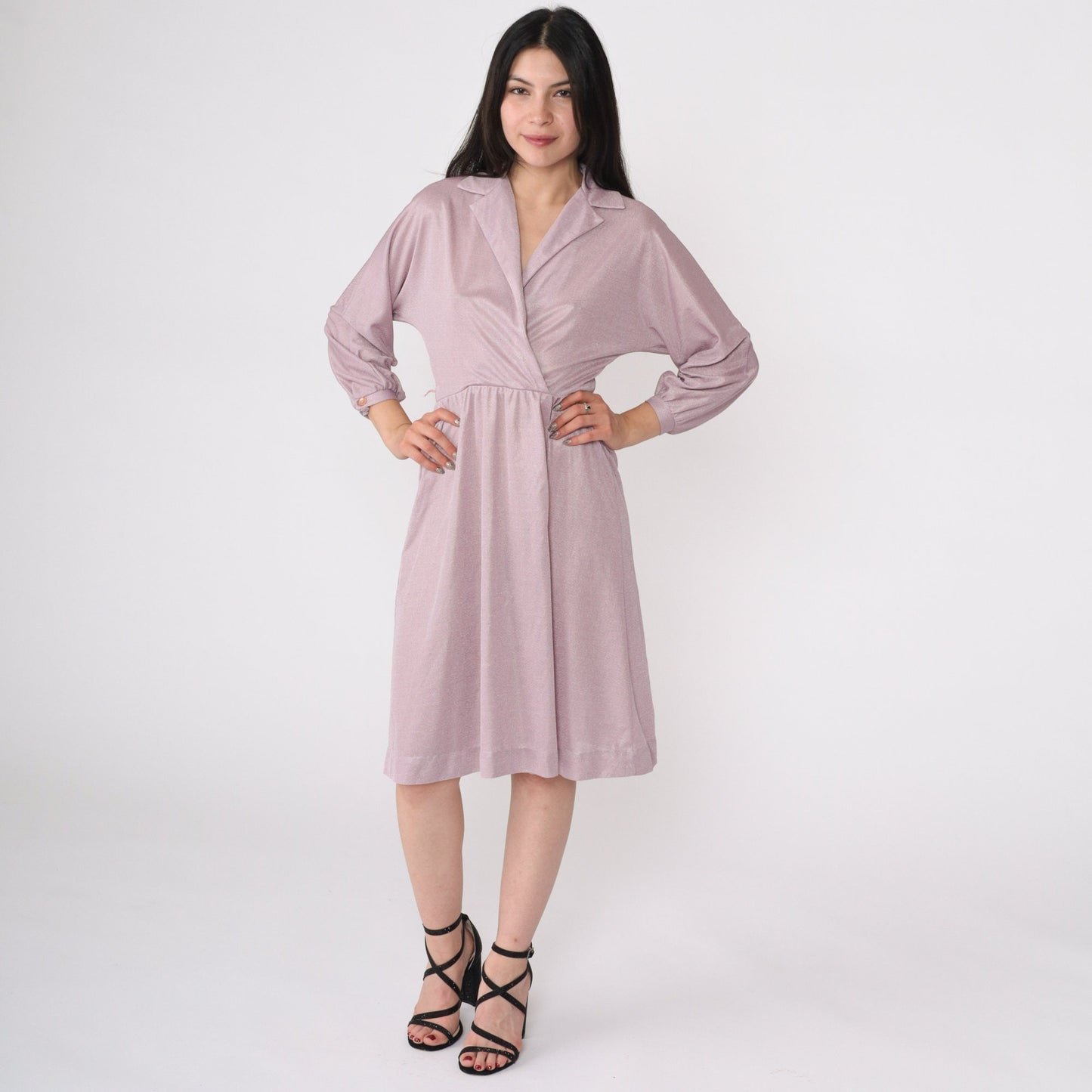 70s Shimmery Lavender Grecian Wrap Dress Long Sleeve Midi High Waist Small