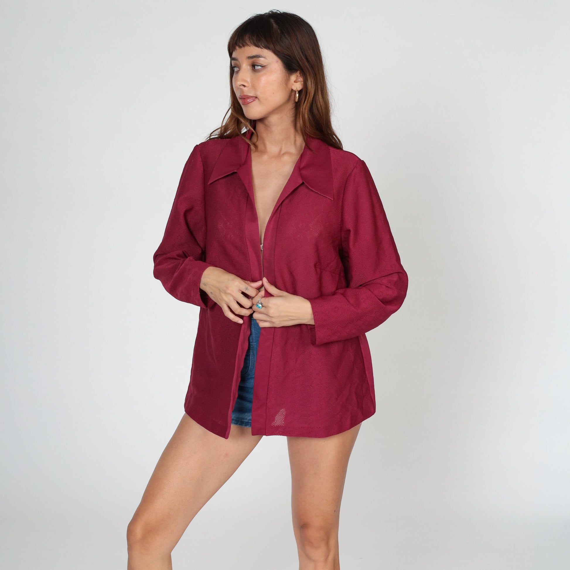 70s Raspberry Red Open Front Blazer Long Sleeve Collared Jacket Medium M