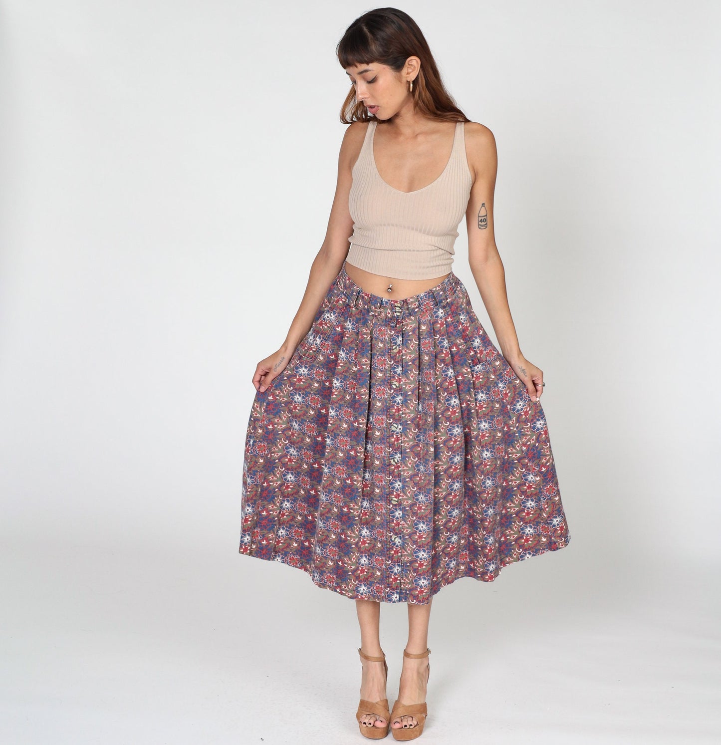 90s Gitano Tropical Floral Pleated Midi Skirt High Waist Button Front Small
