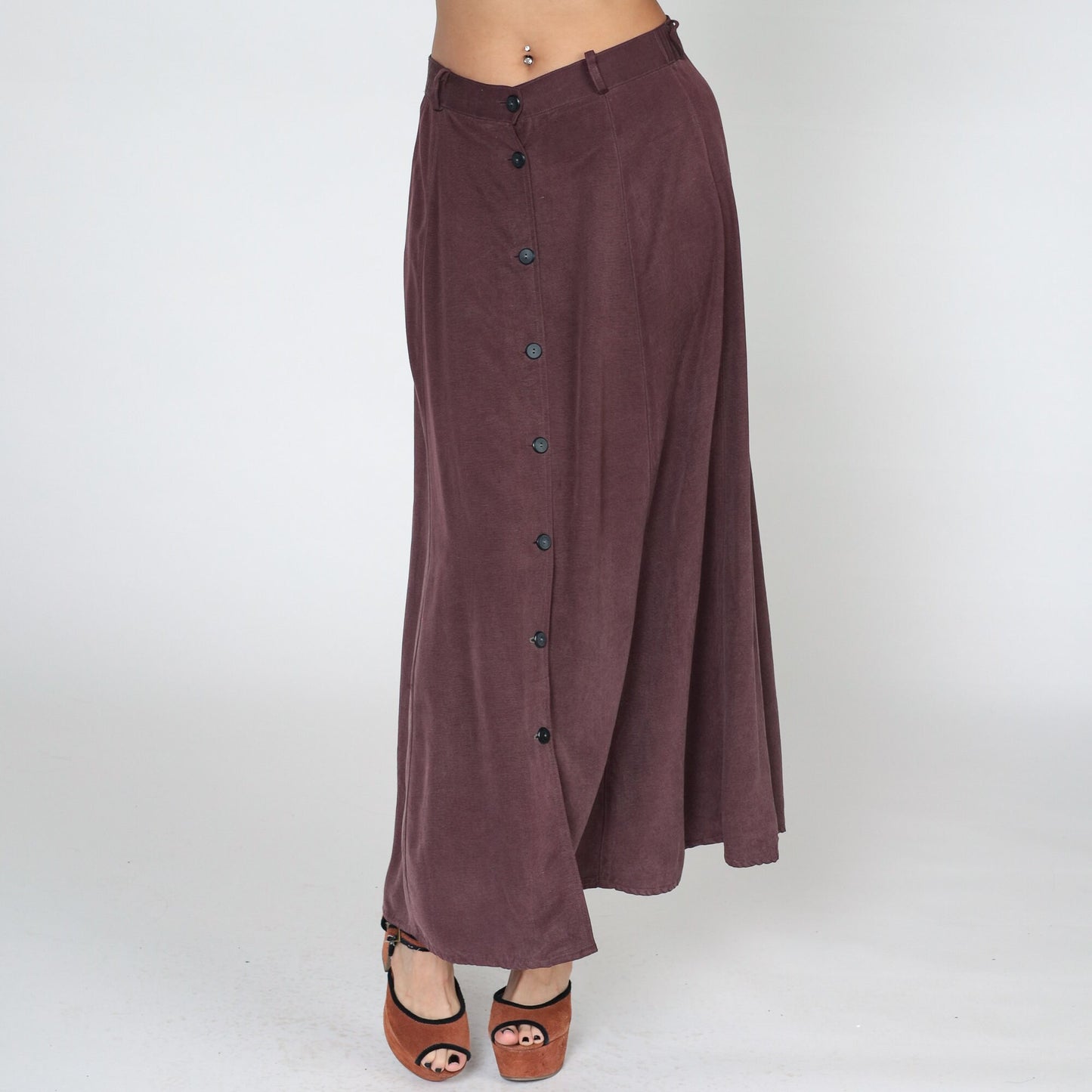 90s Dark Burgundy Silk Maxi Skirt Button-Up Front Small S