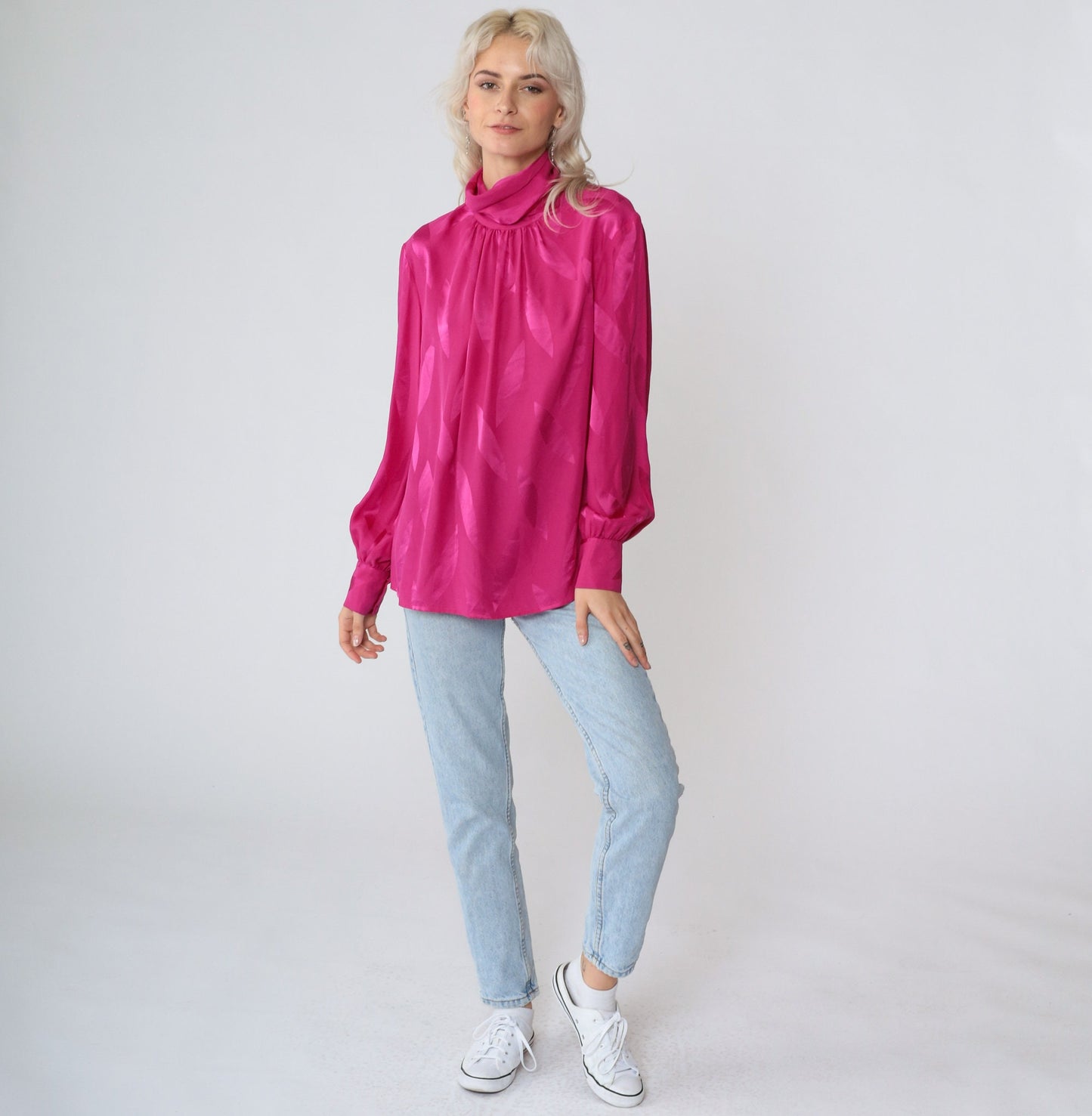 80s Pink Silk Blouse Mock Neck Balloon Sleeve Embossed Leaf Print Small S