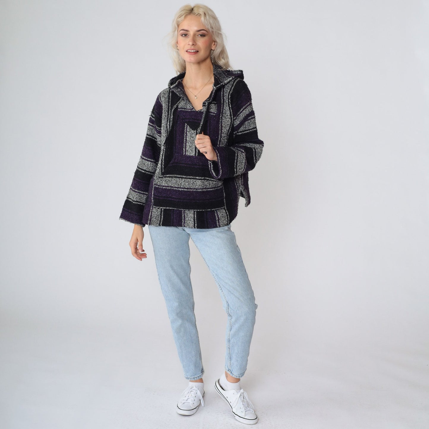 90s Mexican Baja Hoodie Black White Purple Striped Kangaroo Pocket Small