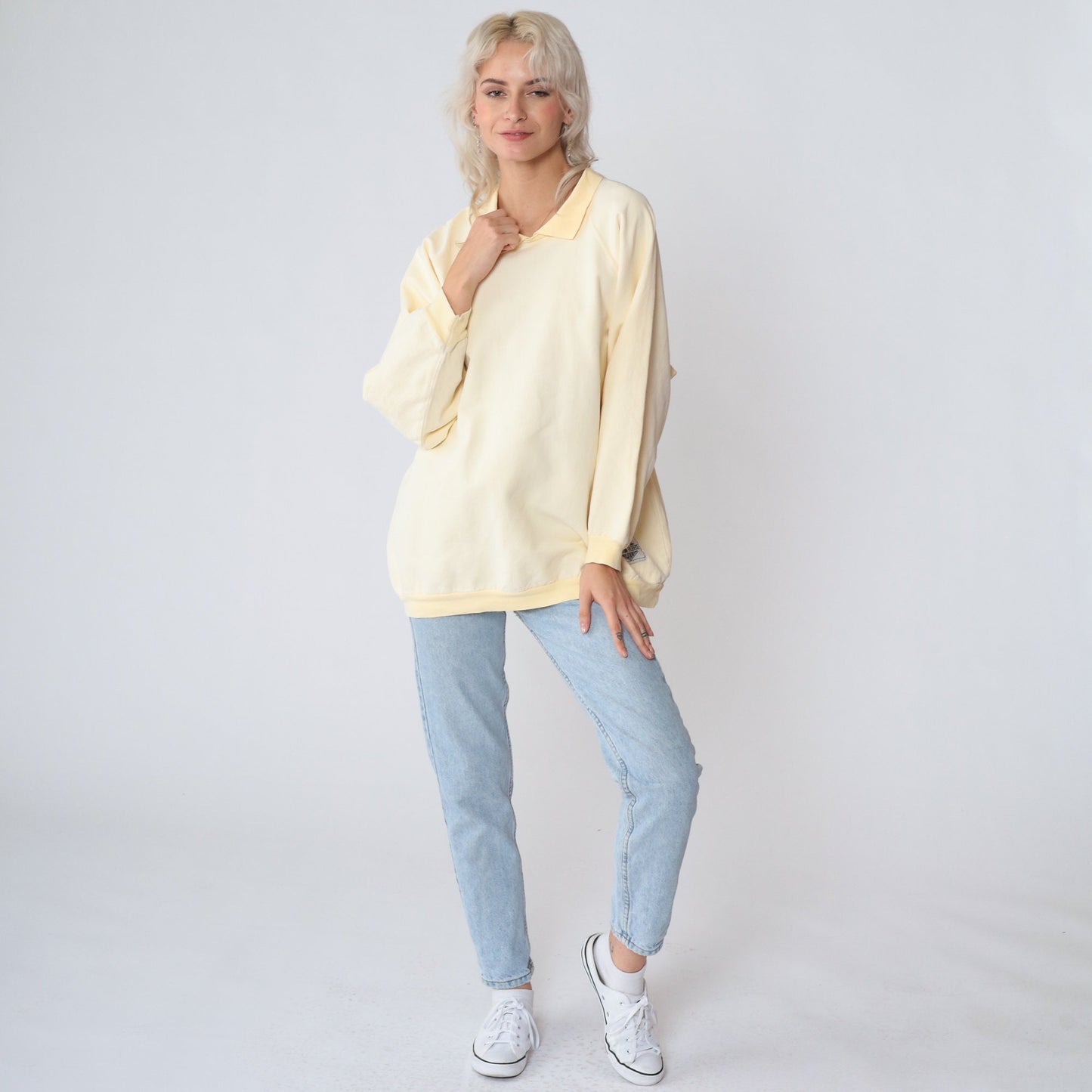 90s Palmetto Canton Fleece Collared Sweatshirt Cream Yellow Raglan Large