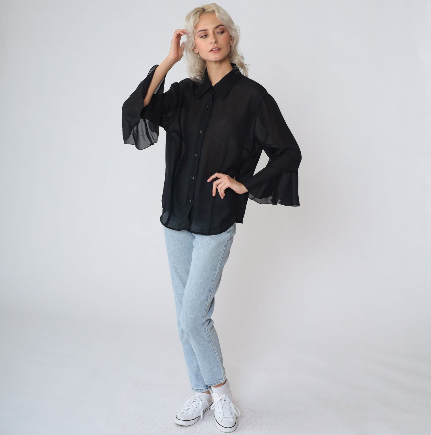 90s Black Sheer Button-Up Blouse Flounce Angel Bell Sleeve Large