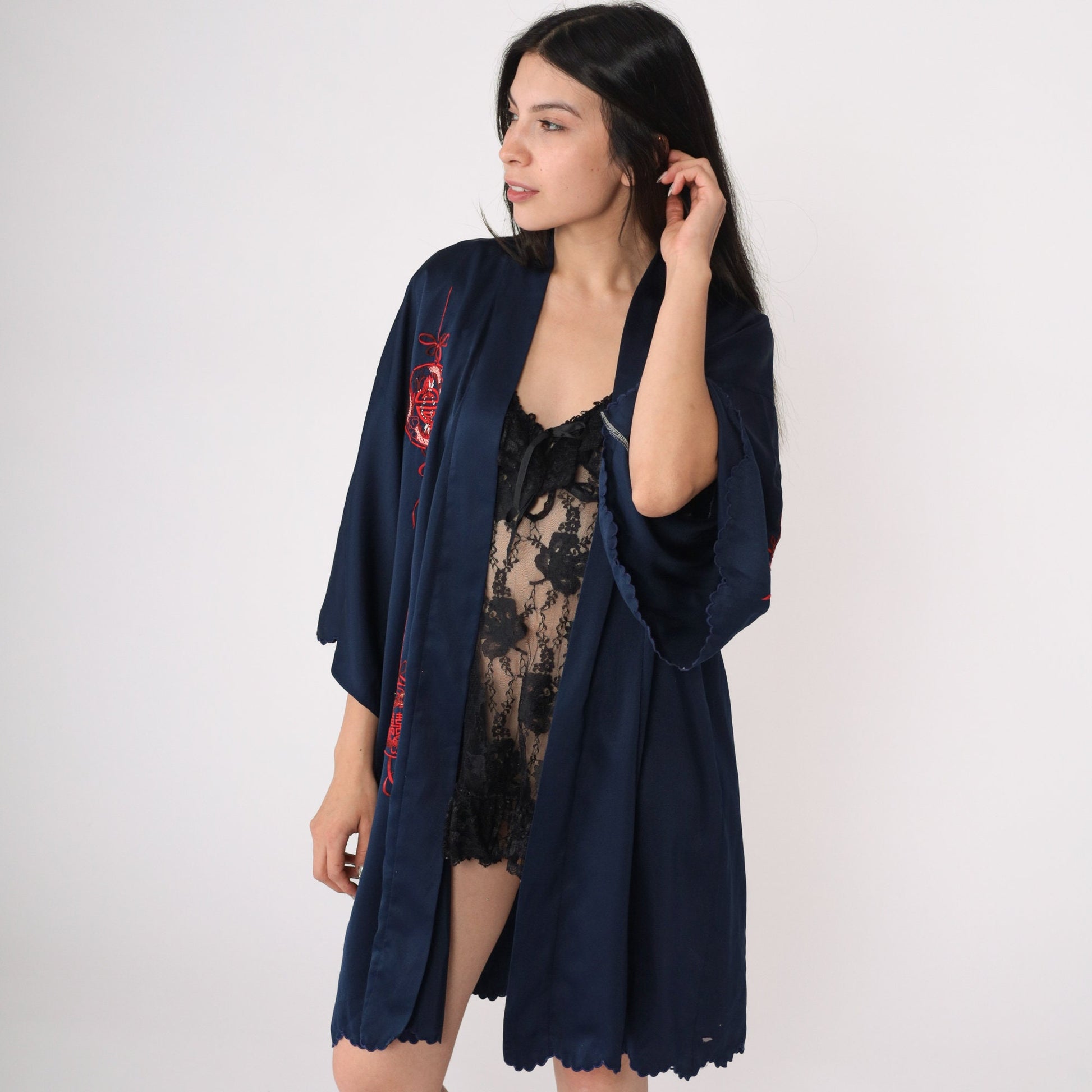 80s Navy Kimono Robe Embroidered Dragon Peacock Fish Jacket Small Medium