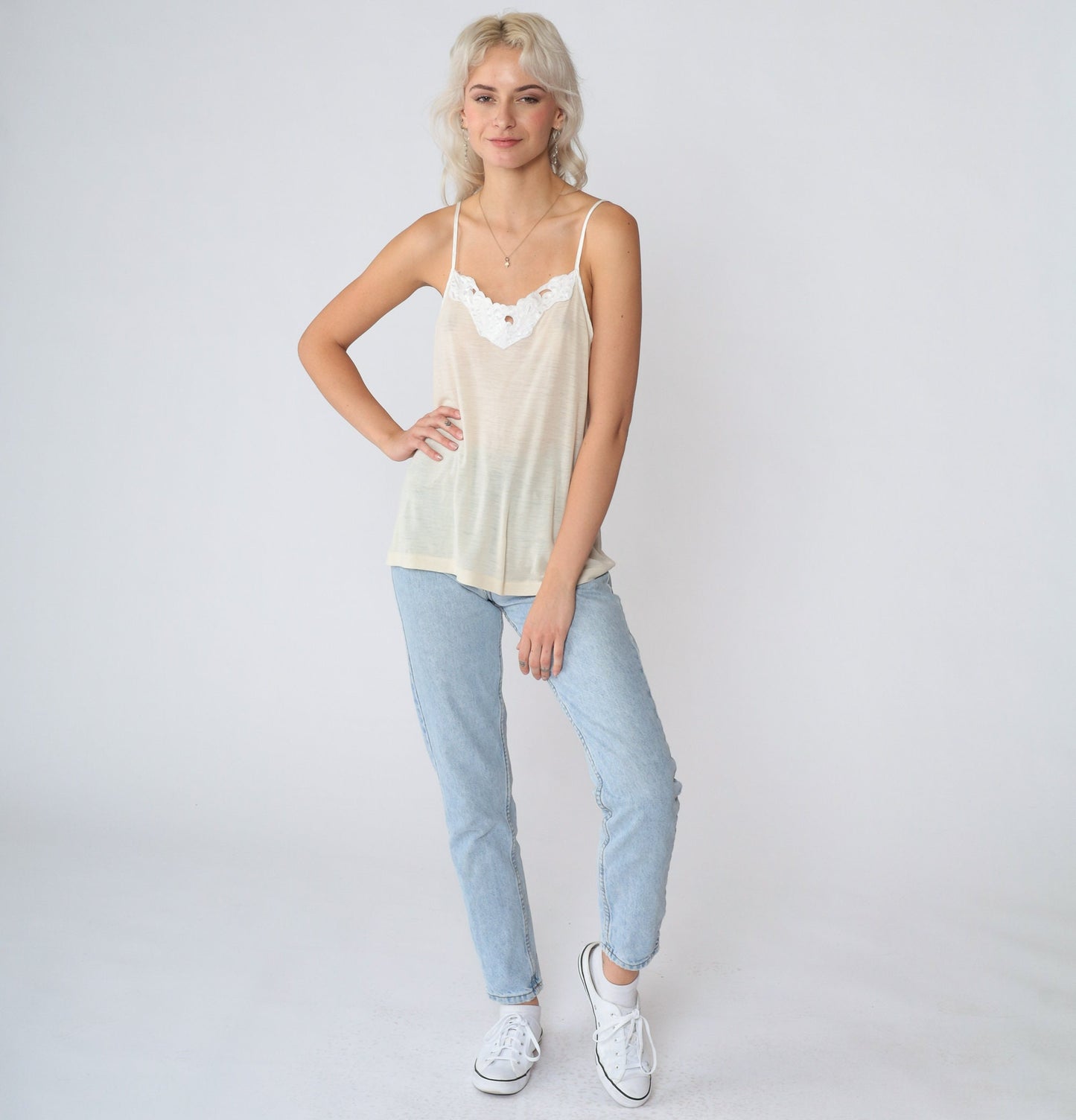 90s Beige Camisole Tank Top White Floral Applique Semi-Sheer Medium