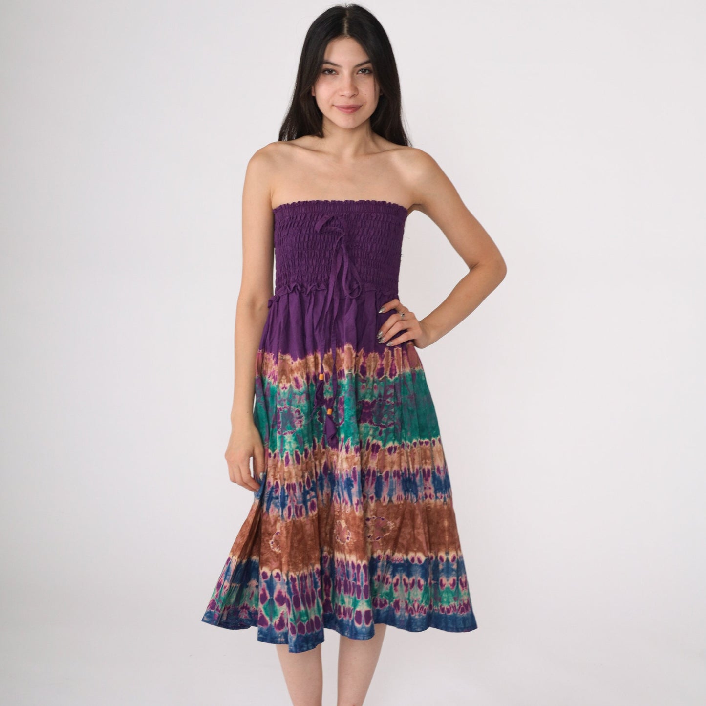 00s Tie Dye Smocked Strapless Midi Dress Purple Green Small Medium