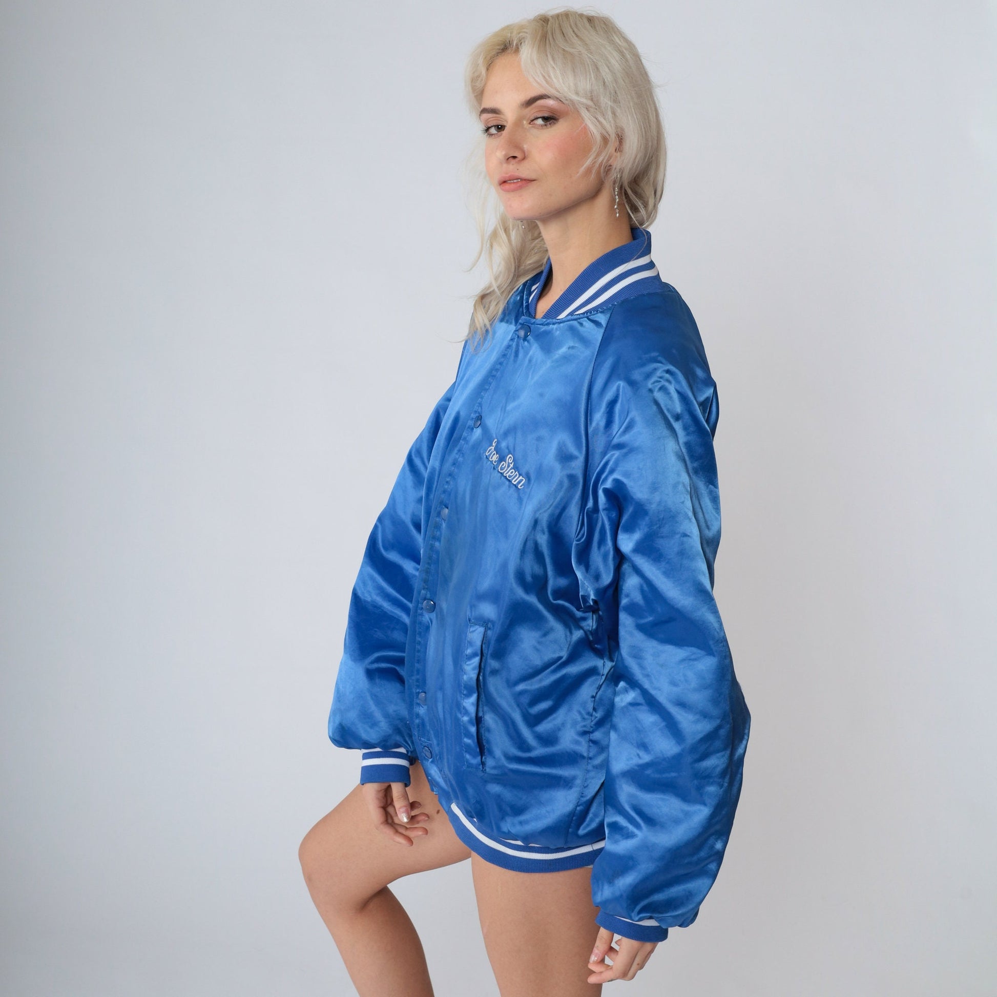 90s The Bicycle Source Blue Satin Bomber Jacket Joe Stern BMX Extra Large XL