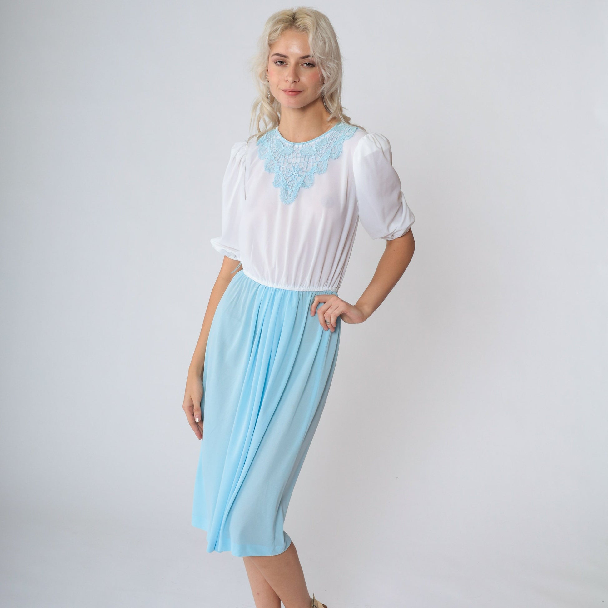 70s Puff Sleeve Midi Dress White Blue Floral Applique High Waist Small