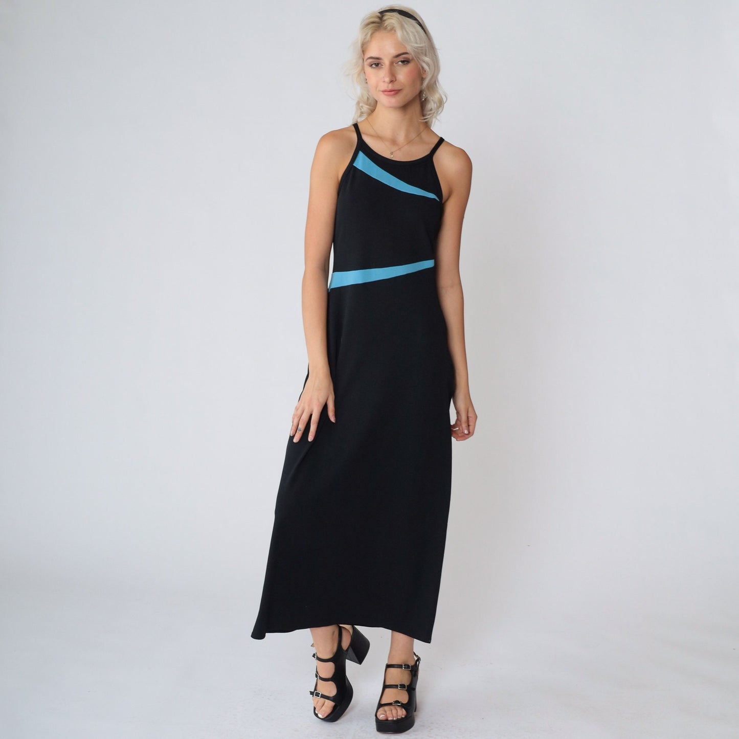 90s Black Maxi Dress Blue Asymmetrical Stripes High Neck Sleeveless Small
