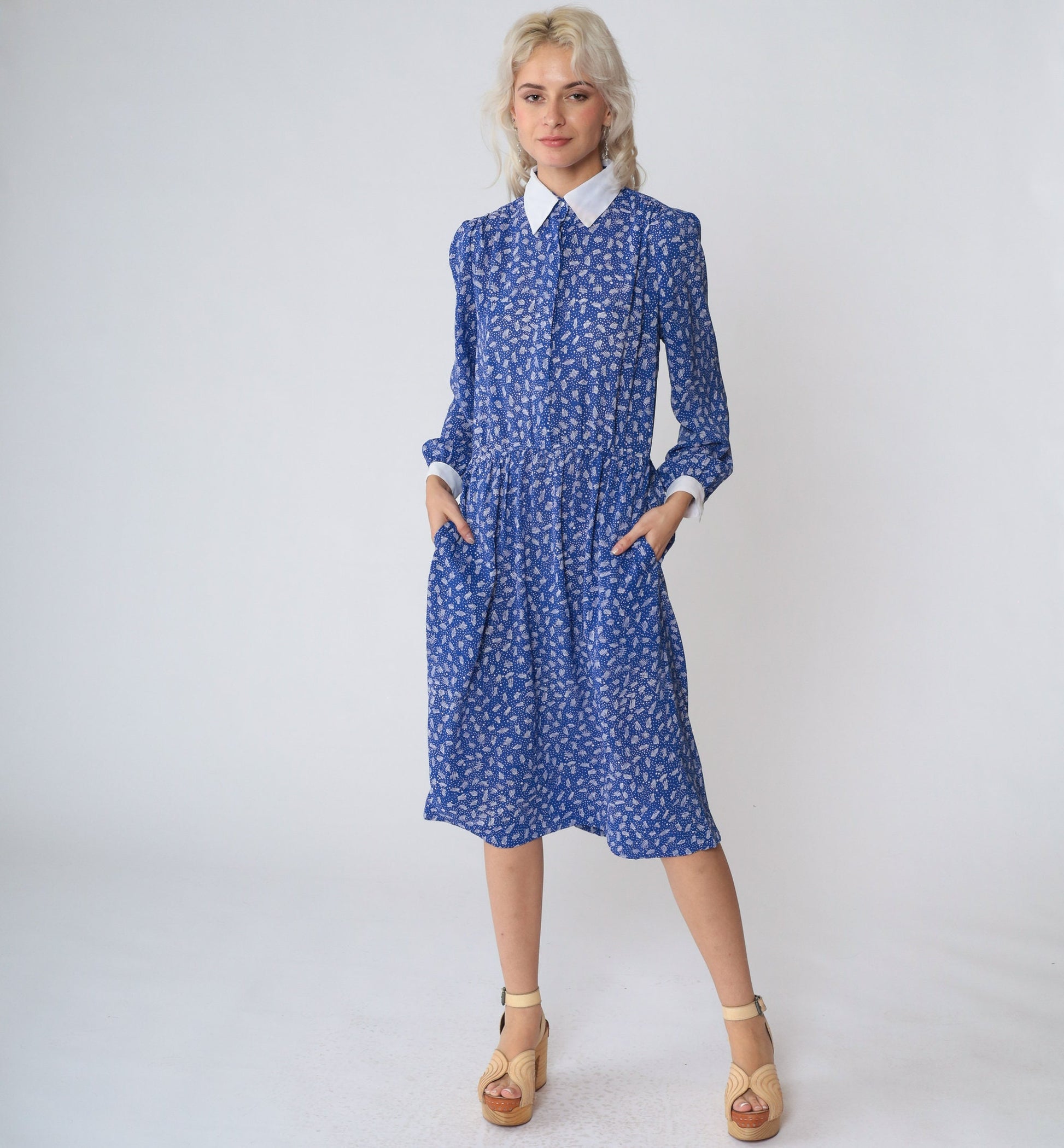 80s Blue Midi Dress Puff Sleeve White Collar Ditsy Dot Print High Waisted Small