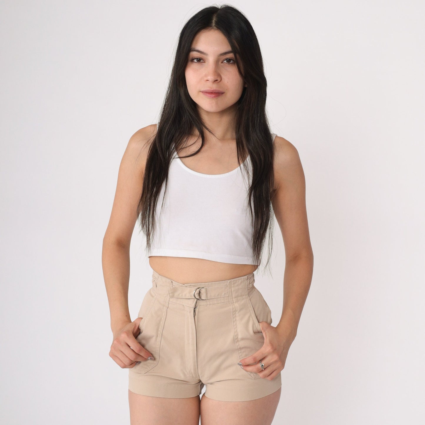 80s Beige Cargo Shorts High Waisted Braided Buckle XXS