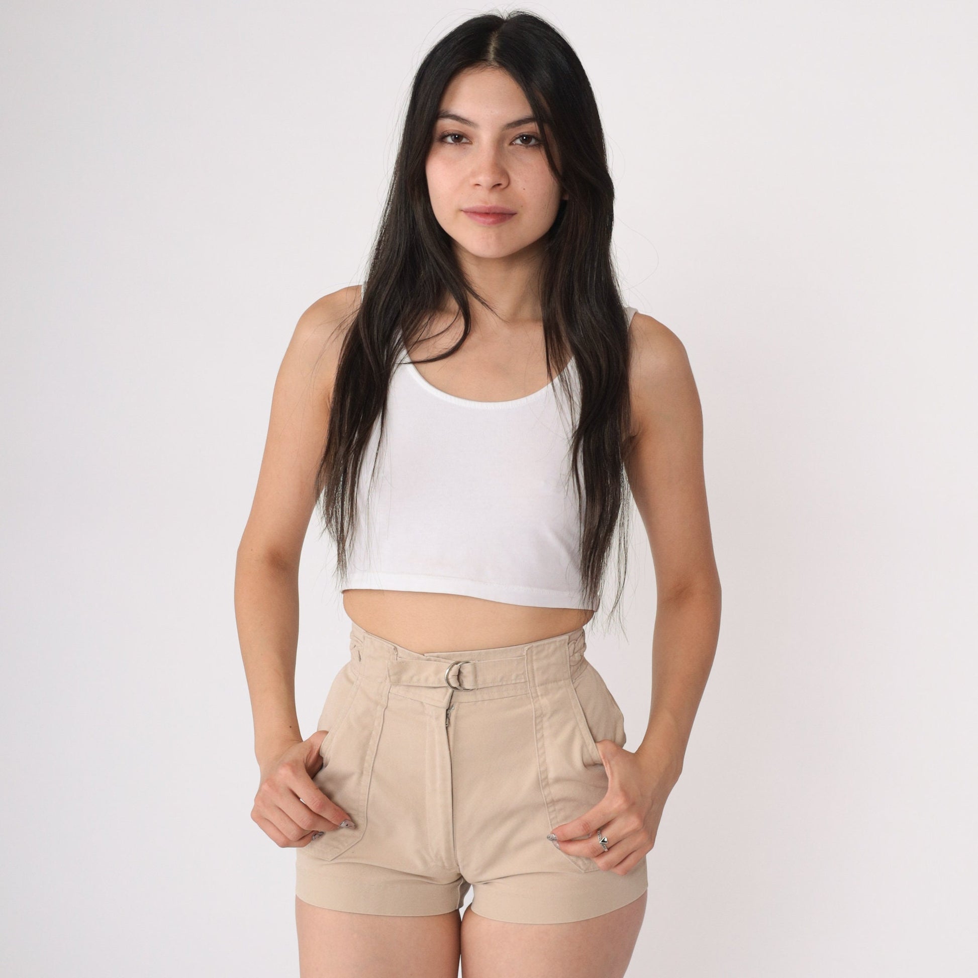 80s Beige Cargo Shorts High Waisted Braided Buckle XXS