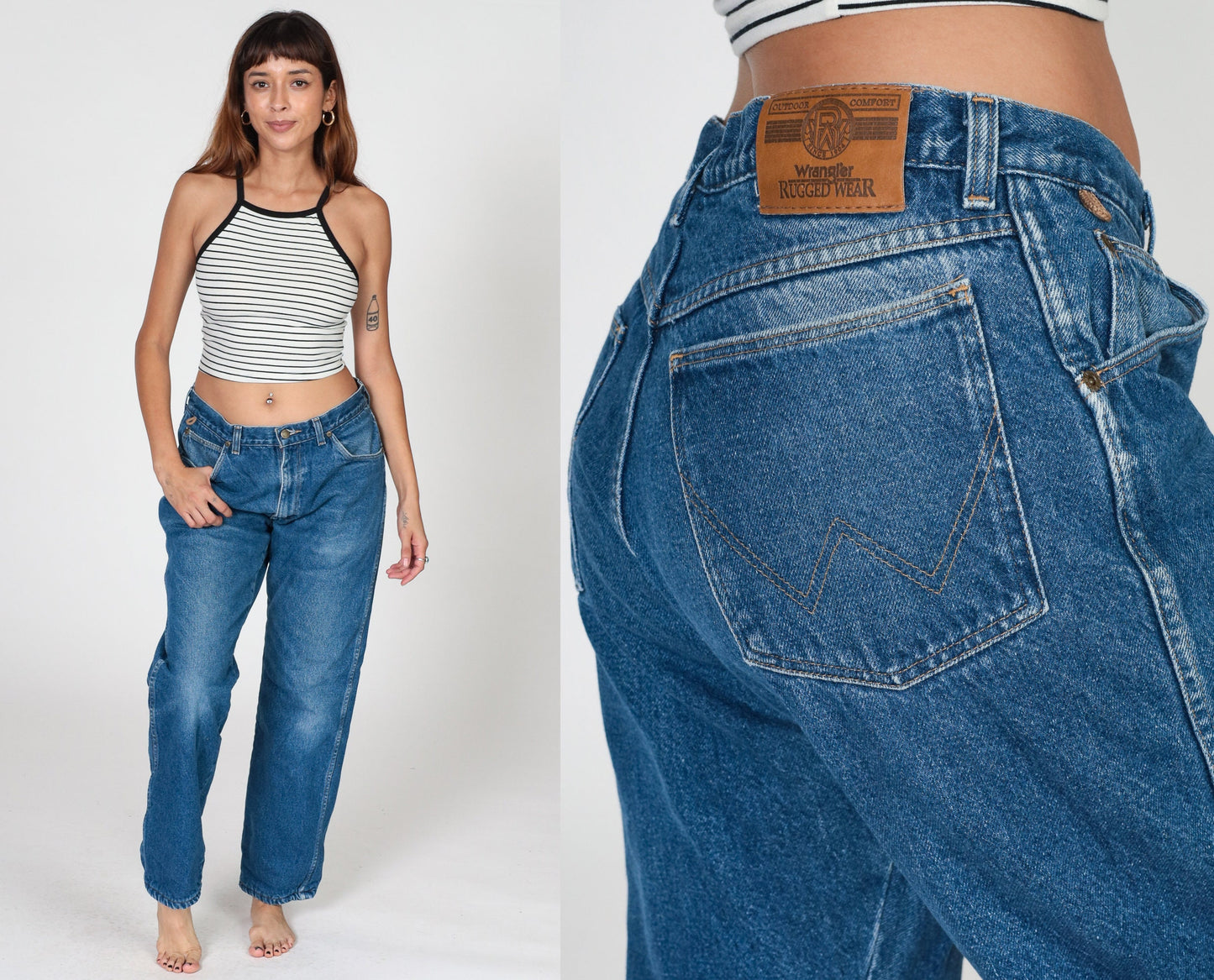 Wrangler Rugged Wear Y2K Fleece-Lined Denim Jeans Blue Straight Leg Large 34x31