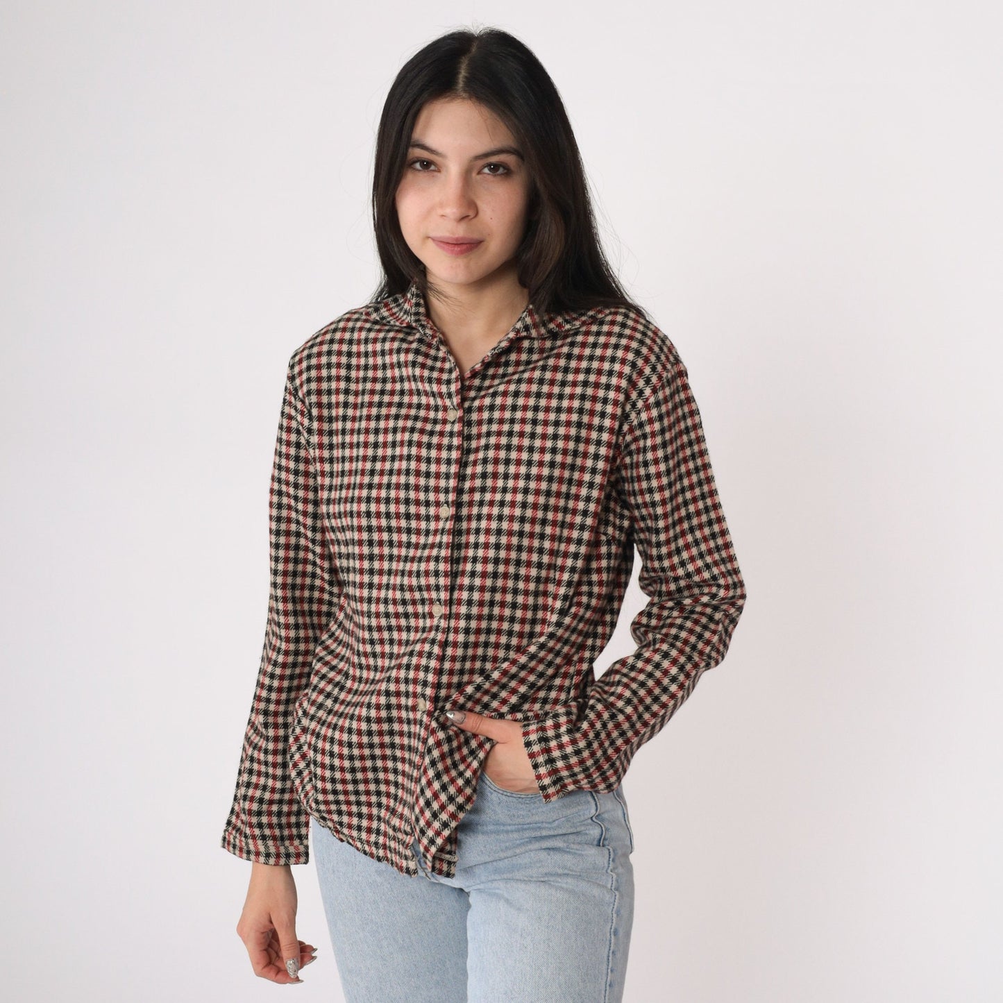 Givenchy Y2K Houndstooth Button-Up Blouse Red Black Cream Cotton Small S
