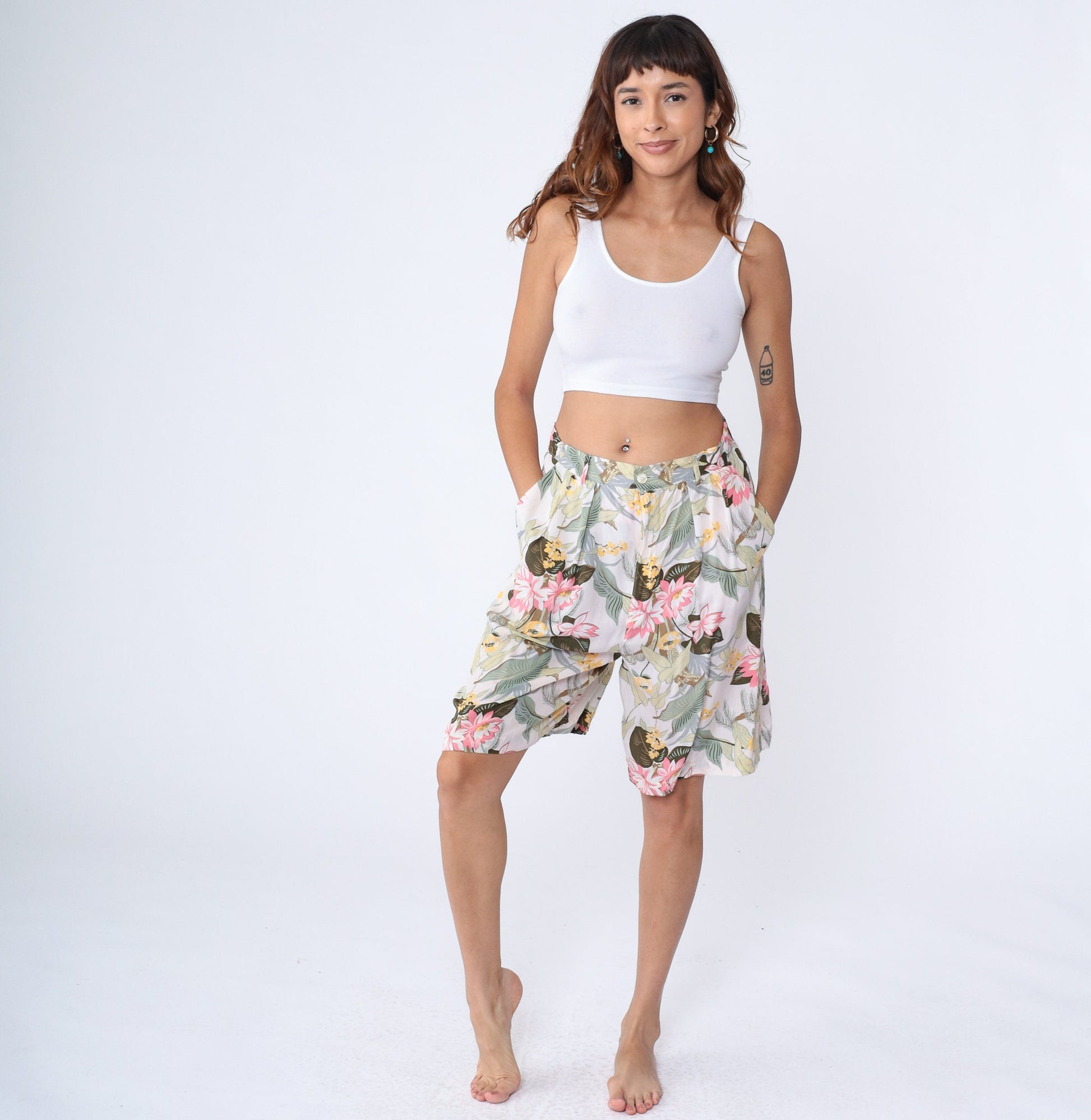 90s GAP Floral High-Waisted Shorts Tropical Print White Rayon Medium