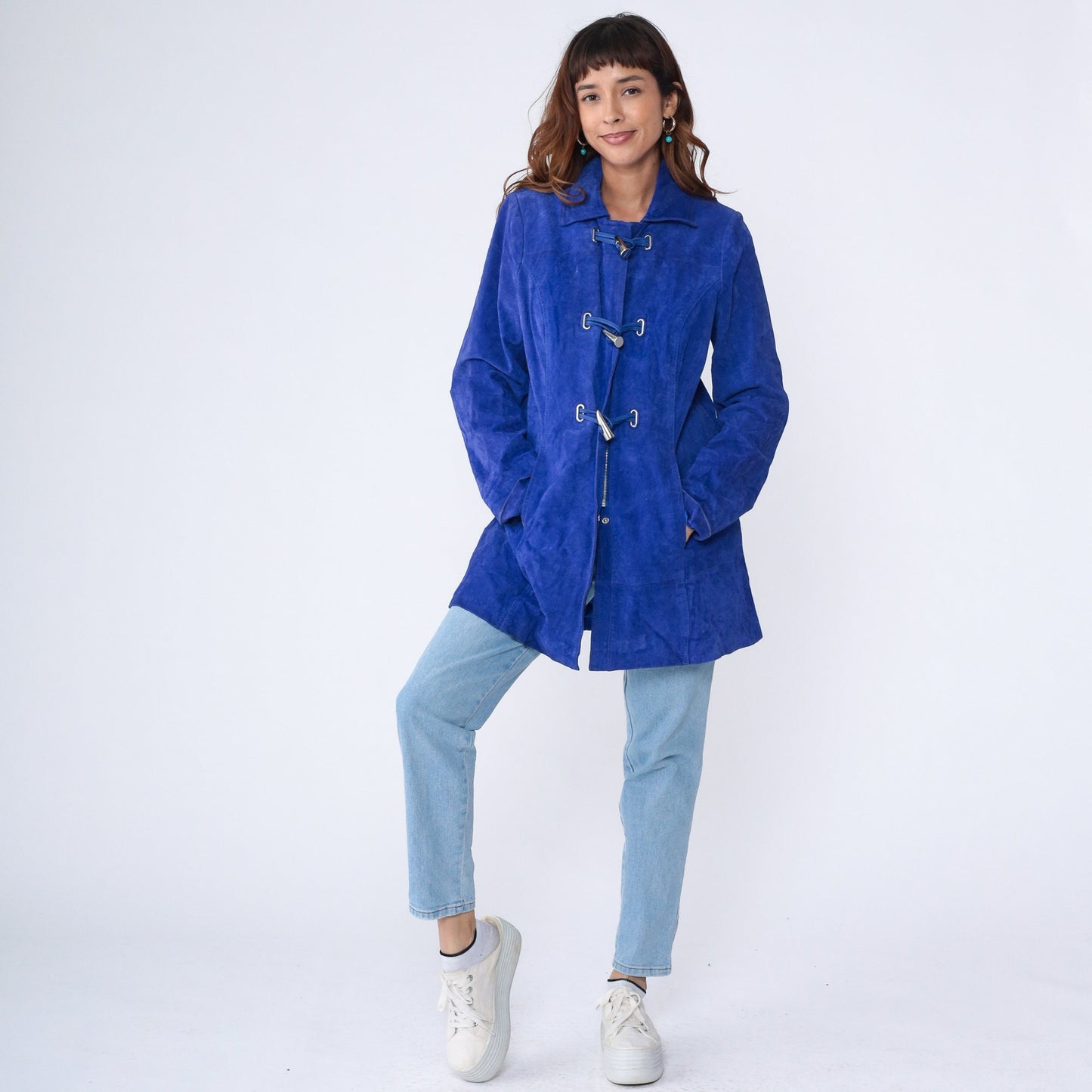 Y2K Royal Blue Suede Jacket Toggle Button Longline Small