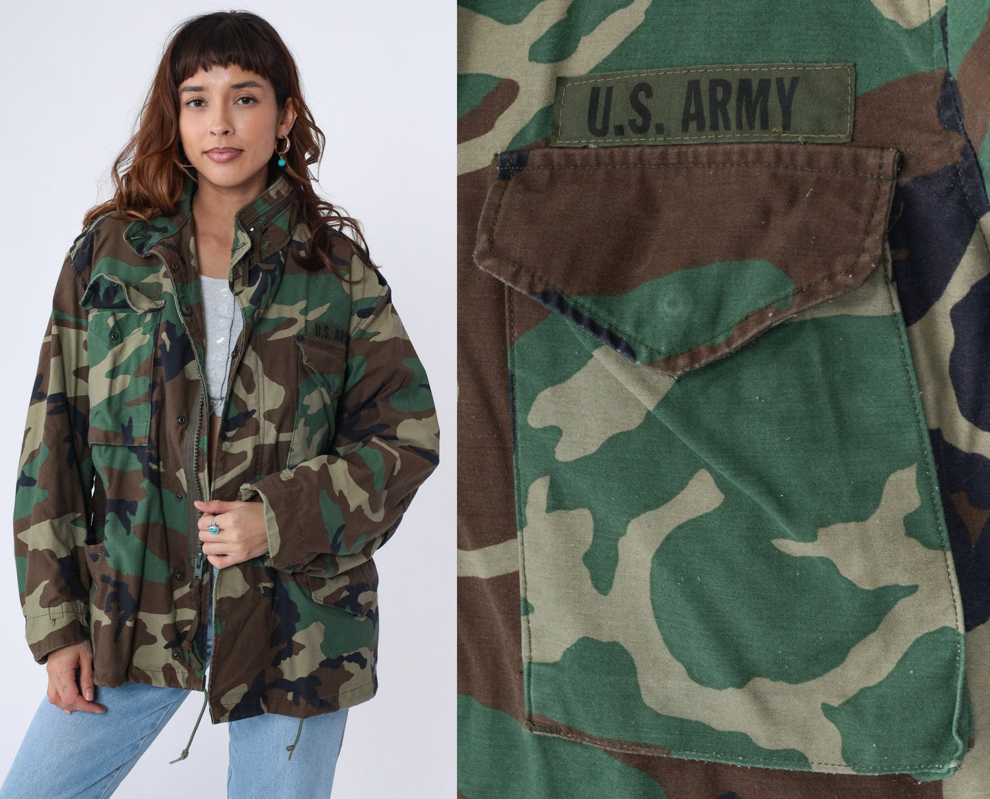 90s US Army Camouflage Field Jacket Utility Patch Zip Medium Short