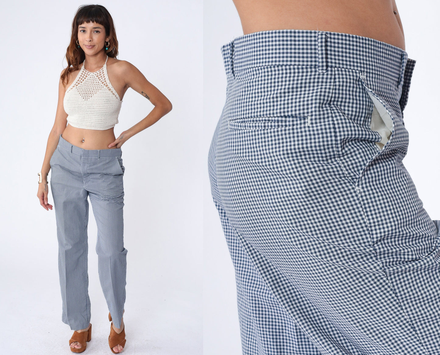 70s Dark Blue White Gingham Straight Leg Trousers High Waist Medium