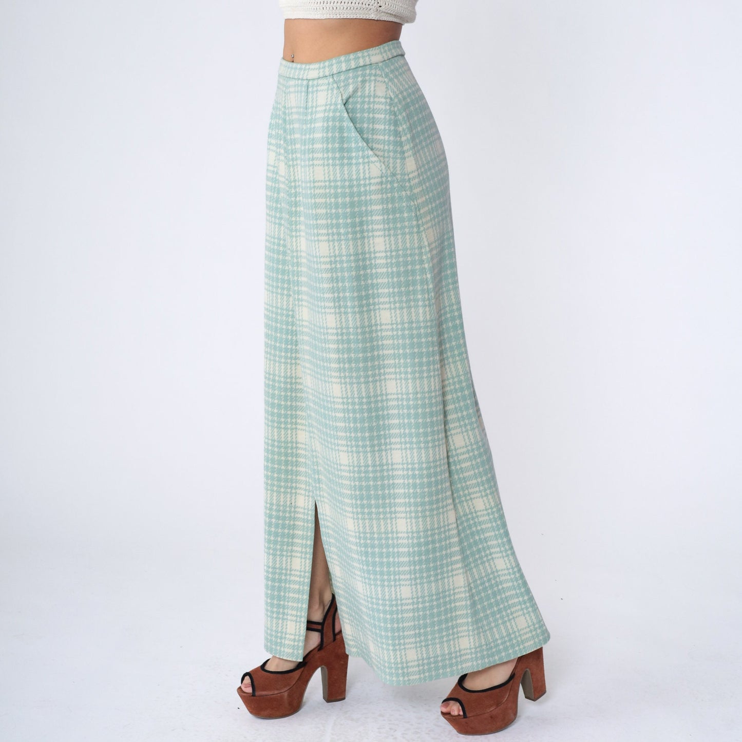 70s Mint Cream Plaid Maxi Skirt High Waisted Tartan Long Skirt Medium