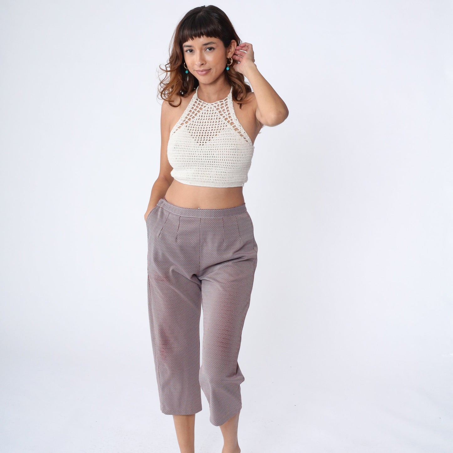 70s Houndstooth Capri Pants High Waist Red Brown White Checkered Medium