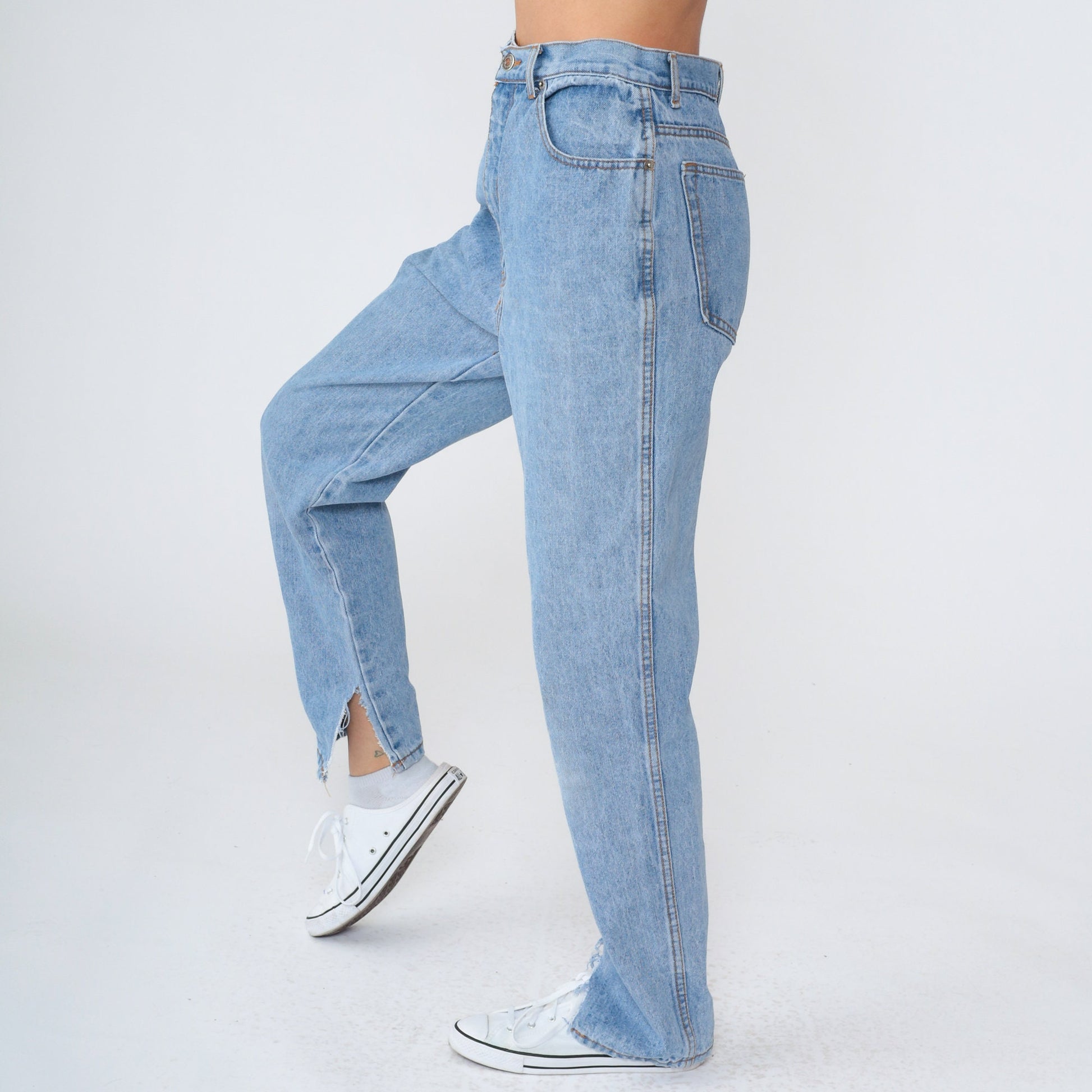 90s High Waisted Tapered Jeans Blue Denim Ankle Slit Medium M