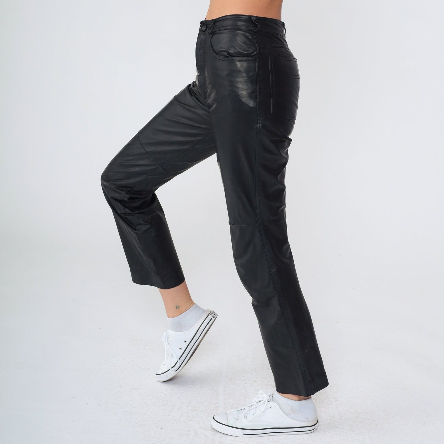 80s Black Leather Pants Straight Leg Ankle Punk Trousers Extra Small