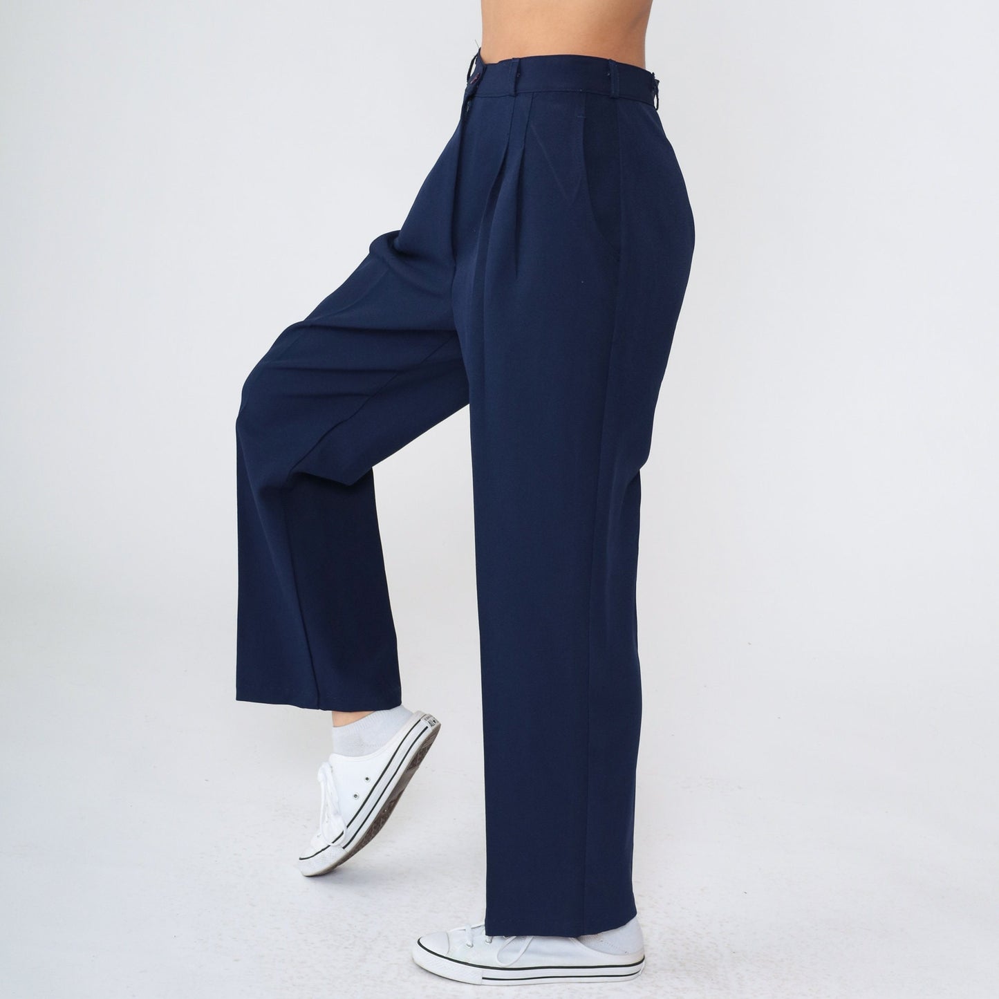 70s Navy Pleated High-Waist Tapered Trousers Small