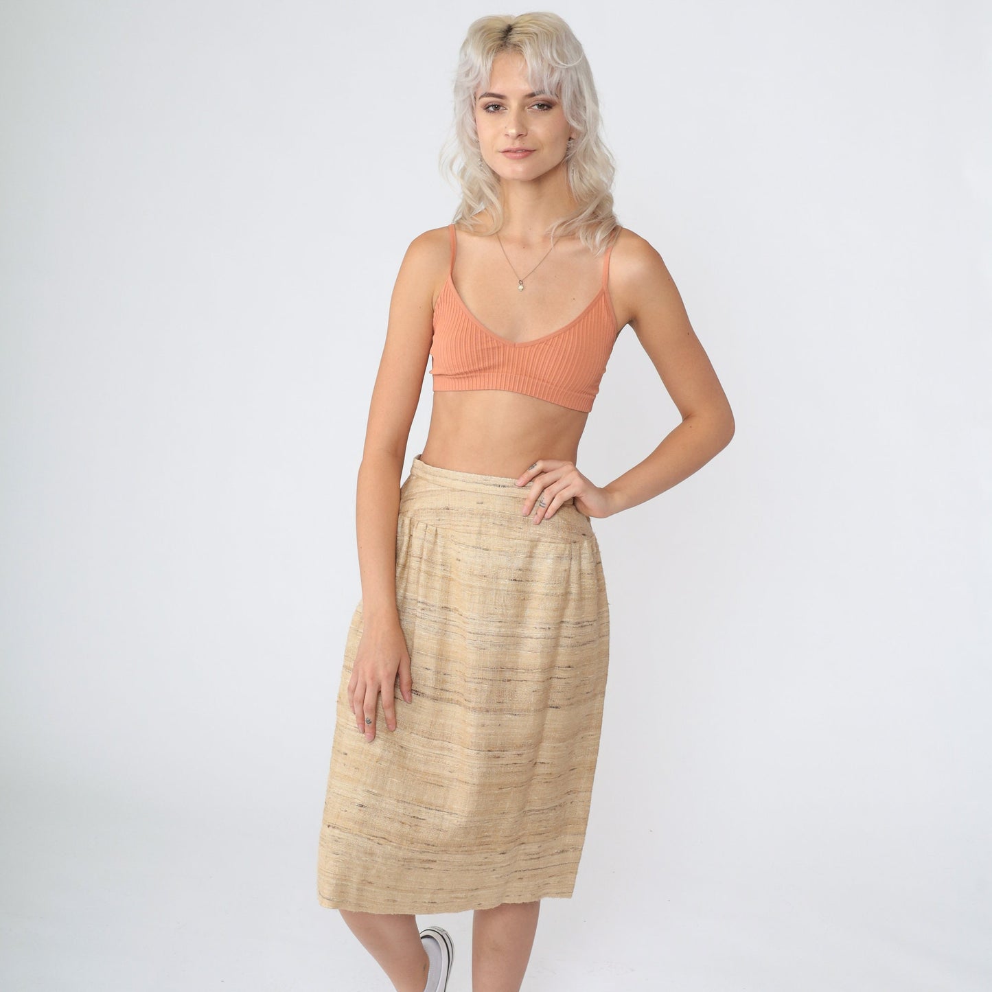 70s Tan Wool Blend Midi Pencil Skirt High Waist Extra Small
